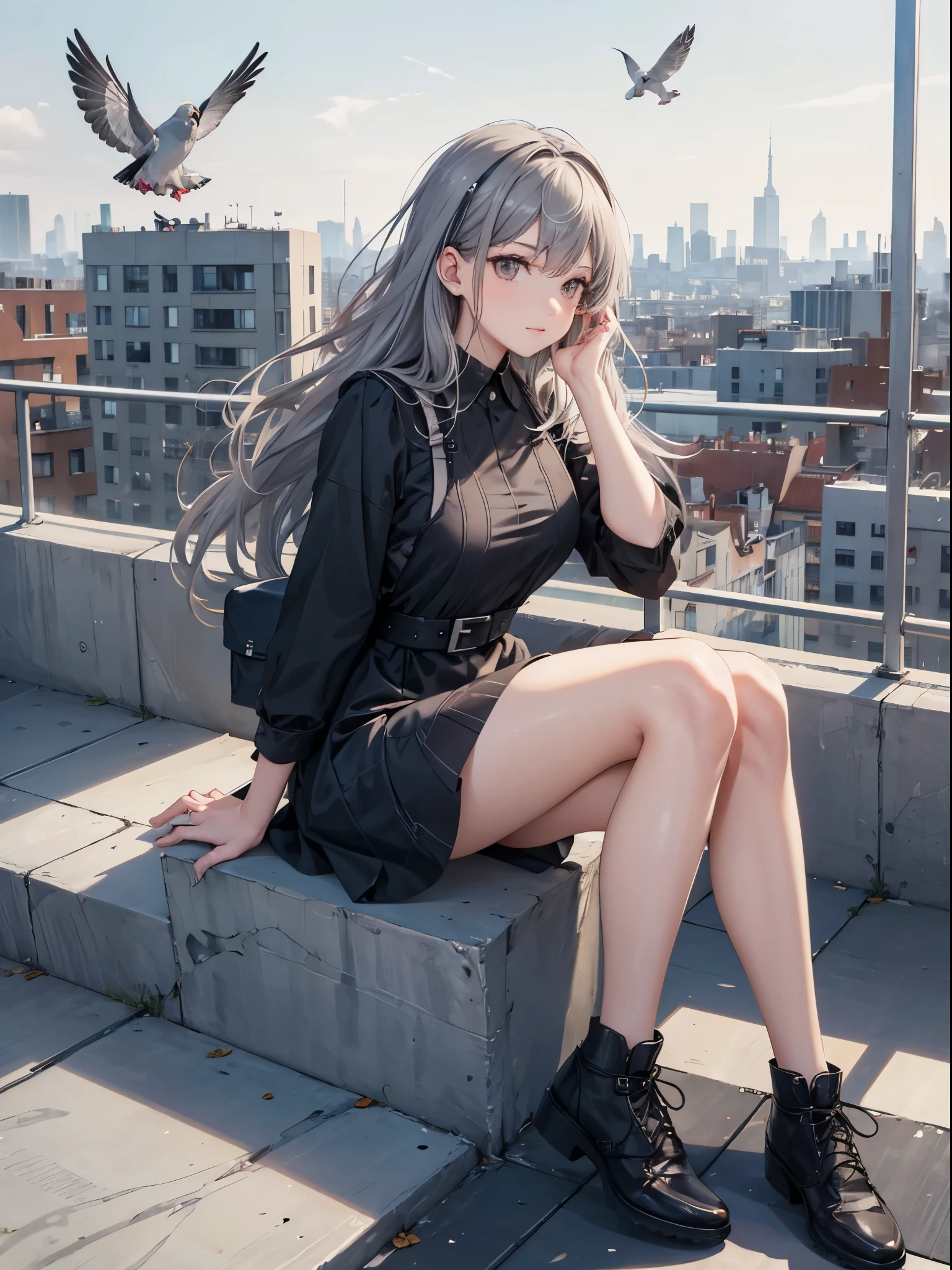 Pigeon girl, pigeons, grey and black dress, sitting on rooftop