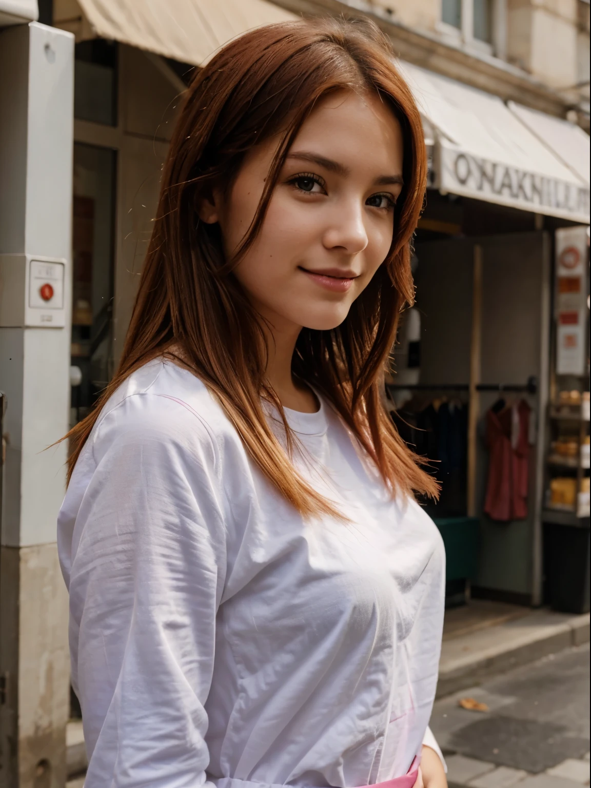 Beautiful wornan, 20 years okt, with a smile on their face, red hair, , taken with iphone camara BREAK medium shot seihe of a pretty young woman BREAK (ombre:1.3) BREAK tim grain, medium quality in Paris