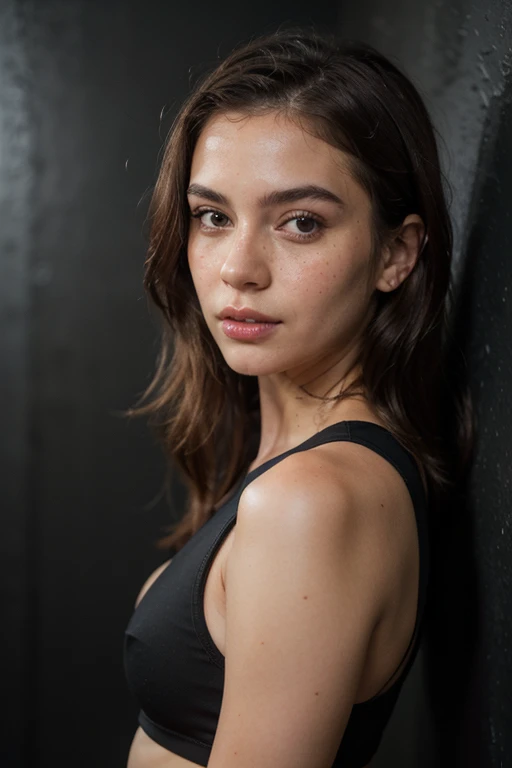 ((best quality)), ((masterpiece)), (detailed), perfect face realistic photo of beautiful woman with long dark brown hair, Russian, influencer, light freckles, dark brown eyes, big lips, no makeup, insagram, standing next to black wall, yoga outfit