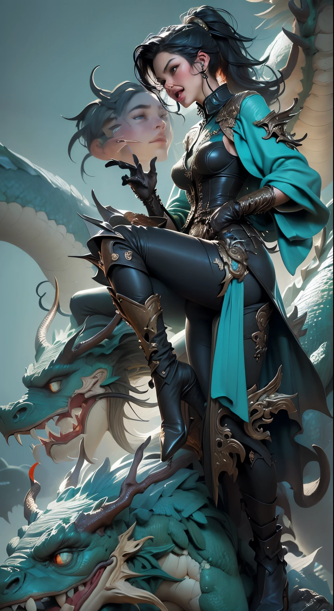 01_Green wooden dragon. Chinese style. Sculpture. A wooden sculpture, next to a cool girl in a leather corset, long dark hair, high black leather jackboots, black gloves on her hands, and metal spikes on her shoulders. Rock star, super beauty against the background of a sculpture made of wood, a green dragon - in the Chinese style., 02_ Highly detailed textures, the highest quality (Girl with white skin, in black boots with spikes and a corset (cool-sexy). Side lighting, warm light, cold shadows. Chiaroscuro, contrasting shapes, volume, and depth of the image. Slight blur in the background Dust squeaks underfoot, an old wooden sculpture, and soft lighting., 03_Highest quality, cinematic rendering. The epic setting, Chinese-style sculpture, and one character - a girl. Contrast lighting, warm light, soft - deep cold shadows. Ocher, seppia, cold lateral reflex. (Dark leather, metal, and several colors decorate the composition). The highest 3D rendering, cinema, animation, masterpiece. Unrea, black hair, french braid, crossed bangs, long hair, ponytail, smile, open mouth, Surrealism, Color Field painting, chiaroscuro, depth of field, cinematic lighting, drop shadow, UHD, retina, masterpiece, anatomically correct, textured skin, super detail, high details, high quality, award winning, highres, 16k