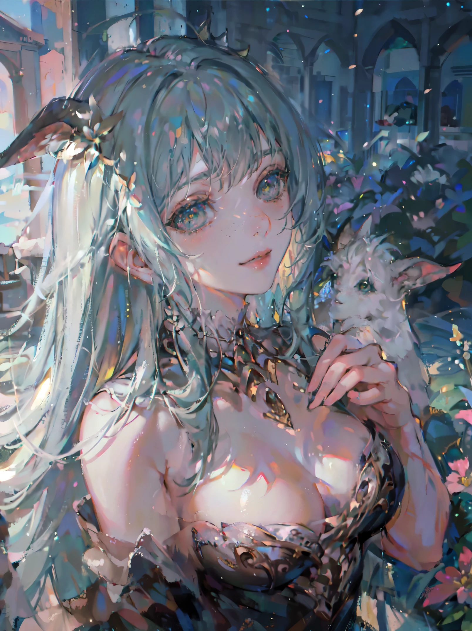 best quality, ultra-detailed, realistic, goat girl, pointy breasts, detailed eyes, detailed lips, long eyelashes, beautiful hair, confident smile, cute freckles, outdoor scene, green meadow, blooming flowers, sunshine, warm colors, soft lighting, oil painting style, vibrant brushstrokes, dynamic composition, natural beauty, lively atmosphere, peaceful and serene, happiness and joy, feminine charm, artistic expression.