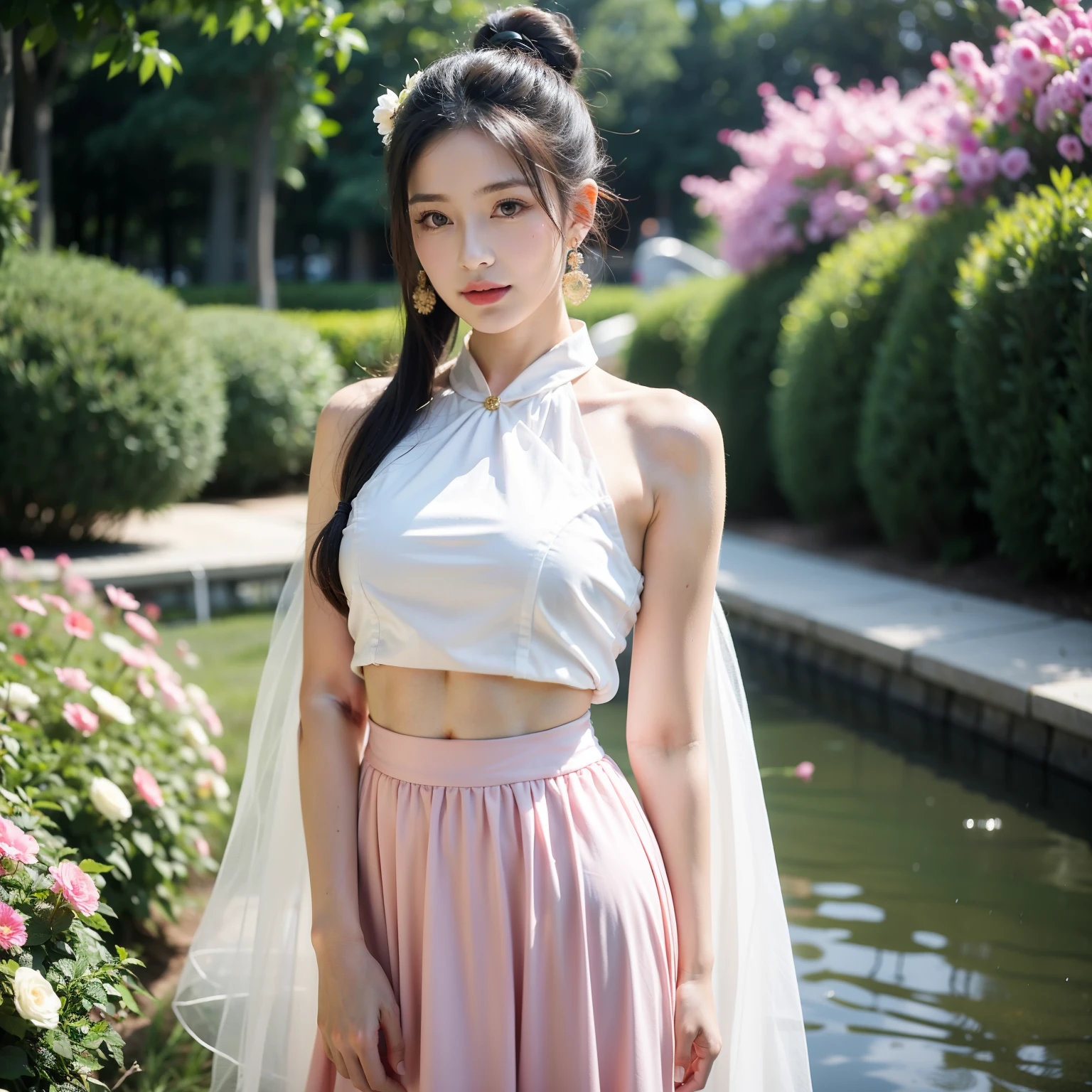 ((best quality)), ((masterpiece)), (detailed), perfect face (8K分辨率,close-up all over the body),(1womanl,18yr old,((Soft and cute,s delicate face,详细的脸),confident smile),Fair ,(Best Skin Type:1.21),(Vintage bun,Exaggerated traditional hairstyle,Pair it with extremely complex headgear),((High-end Hanfu skirt,Luxurious full-breasted skirt,Collared skirt,(materpiece:Chiffon,Silky,Ultrathin,softness)),Elongated earrings,(Girl in a sea of flowers,Natural dependence,Naturally placed hands),delicate artwork,perfect hand,Ultra-fine clothing material),(lakeside,Peach blossom forest full of flowerquisite details of the setting),(Professional lighting,动态照明),((Dignified and elegant,white colors,in pink,cyan colors))),(Golden section,Cinema lenses,Hasselblad photograp,tmasterpiece:1.3),(Fairy style,vintage art,trendsetting,Official propaganda,Art platform)