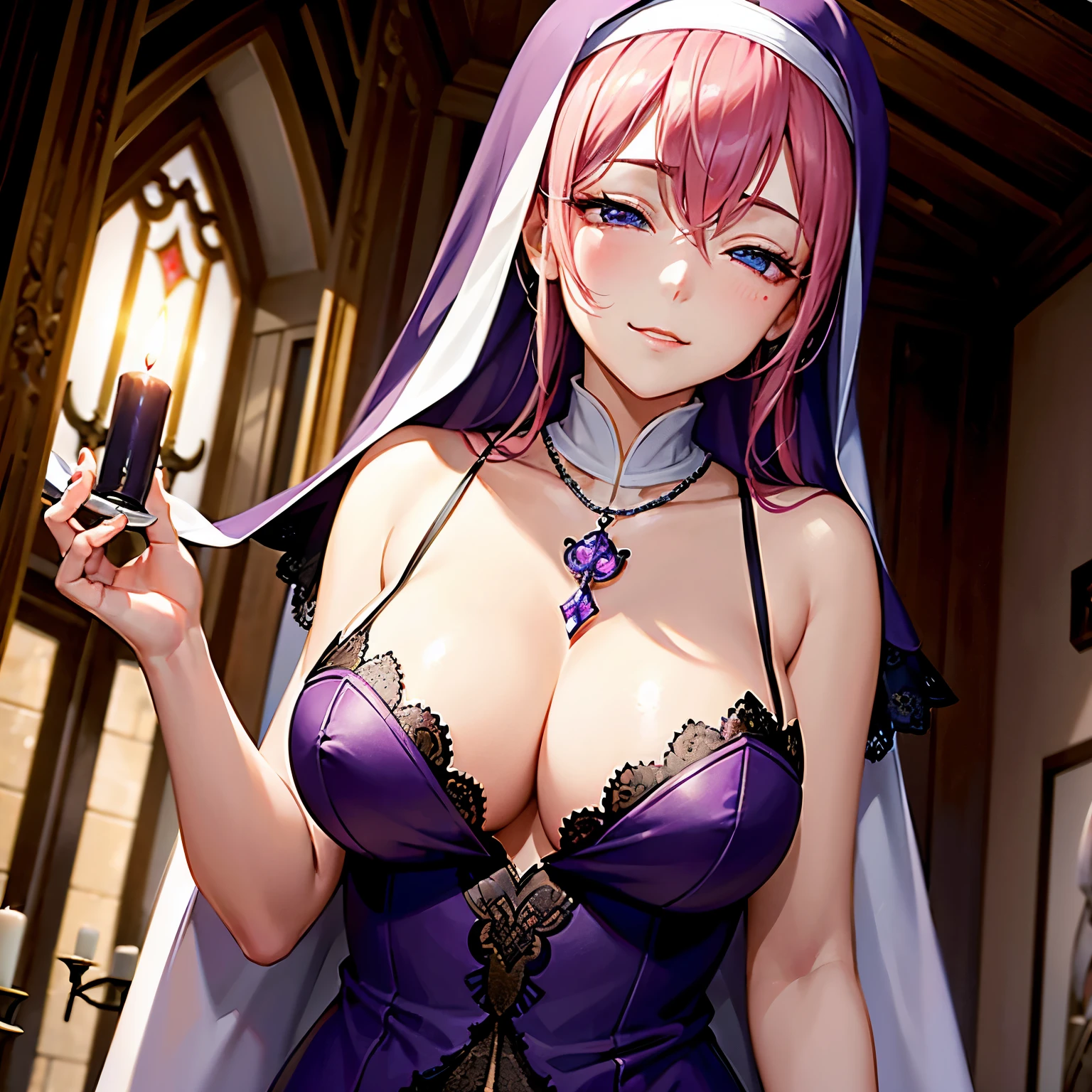 masterpiece,((top-quality)),8k wallpaper,((Female 1)),Pink hair,pink thin eyebrows,((smirk)),(((closed eye:1.5))),Pink cheeks,((very detailed facial details)),Transcendent Beautiful Girl,Cultivated woman,((Dressed in a purple nun's costume)),Wearing a purple top with white frills on the collar,golden cross necklace,Good cosplay,Lift up the clothes you are wearing,穿いているBlack lace pantiesを披露,Black lace panties,Angle from below,up close shot,Bite,Italian Models,Clarice di Lanza from Arcana Heart 2,Clarice di Lanza cosplay,The background is a chapel,natta,Candlelight,The light of a candle illuminates her