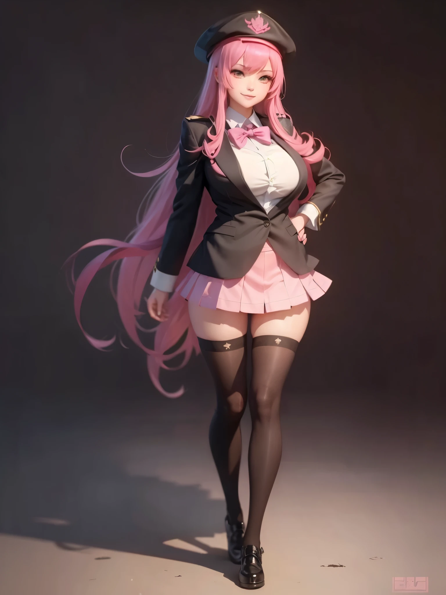 drakoi, 1girl, thighhighs, long hair, pink hair, school uniform, smile, hat, skirt, black thighhighs, large breasts, hand on hip, blazer, bow, fullbody, standing