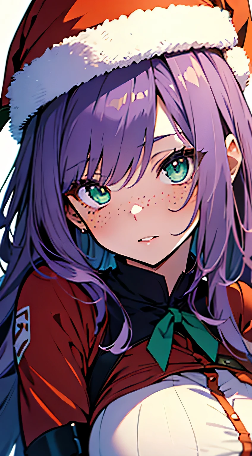(masterpiece, highres, high resolution:1.2), anime 20 yo girl, portrait, shoulders up, illustration. drawn, violet hair woman, green eyes, blushing, solo, surprised, freckles, big lips, huge breasts, perfect body, wearing a Santa costume, anime girl, no hands.