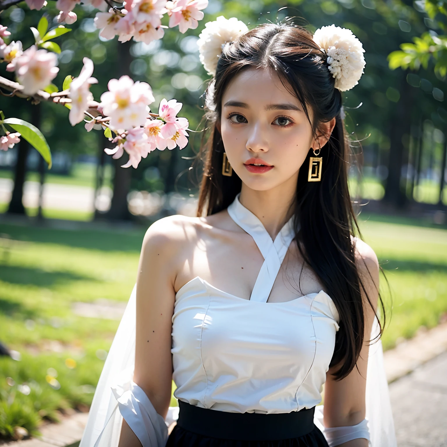 ((best quality)), ((masterpiece)), (detailed), perfect face (8K分辨率,close-up all over the body),(1womanl,18yr old,((Soft and cute,s delicate face,详细的脸),confident smile),Fair ,(Best Skin Type:1.21),(Vintage bun,Exaggerated traditional hairstyle,Pair it with extremely complex headgear),((High-end Hanfu skirt,Luxurious full-breasted skirt,Collared skirt,(materpiece:Chiffon,Silky,Ultrathin,softness)),Elongated earrings,(Girl in a sea of flowers,Natural dependence,Naturally placed hands),delicate artwork,perfect hand,Ultra-fine clothing material),(lakeside,Peach blossom forest full of flowerquisite details of the setting),(Professional lighting,动态照明),((Dignified and elegant,white colors,in pink,cyan colors))),(Golden section,Cinema lenses,Hasselblad photograp,tmasterpiece:1.3),(Fairy style,vintage art,trendsetting,Official propaganda,Art platform)