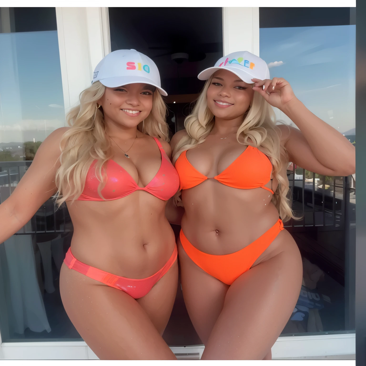 two women in bikinis and hats posing for a picture, wearing pearl neon bikini, college girls, wearing two - piece swimsuit, two girls, bikini model, is wearing a swimsuit, profile pic, cute girls, dressed in belts bikini, posing together in bra, blonde, full figure, one blonde and one brunette, blonde women, profile image, boutinela bikini