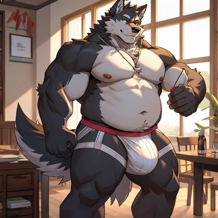 Chubby wolf with a giant bulge in a jockstrap showing his penis