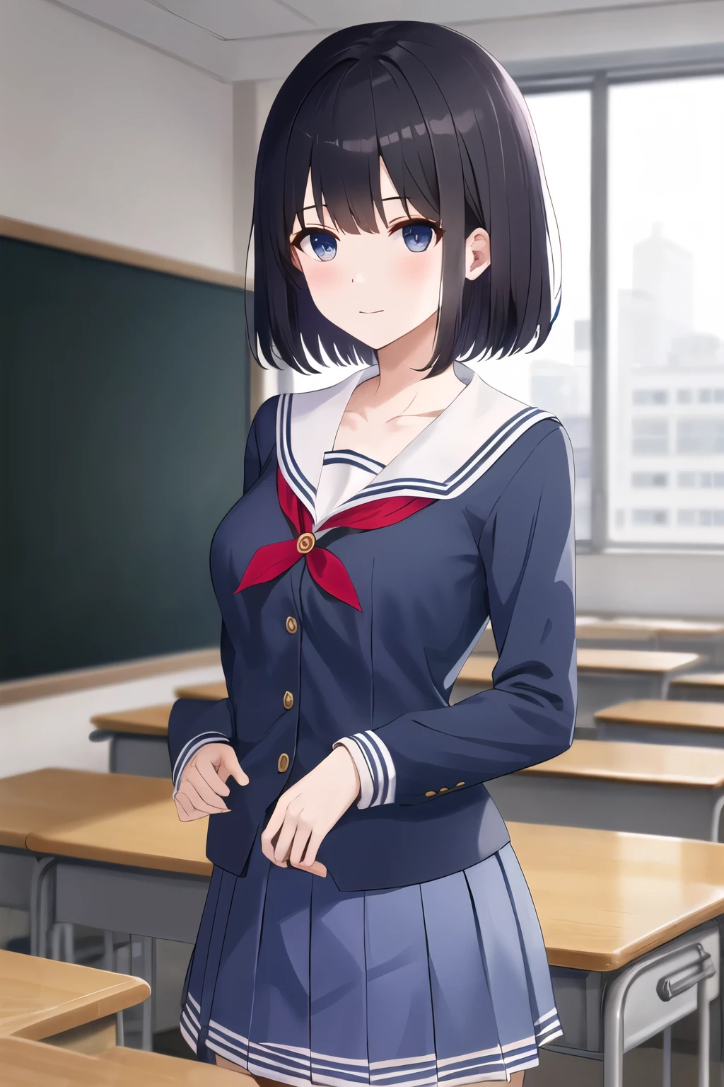 masterpiece, best quality, highres, hmkm1, short hair, blue shirt, school uniform, pleated skirt, long sleeves, collarbone, serafuku, medium breasts, cowboy shot, indoors, classroom, sitting, desk, chair,