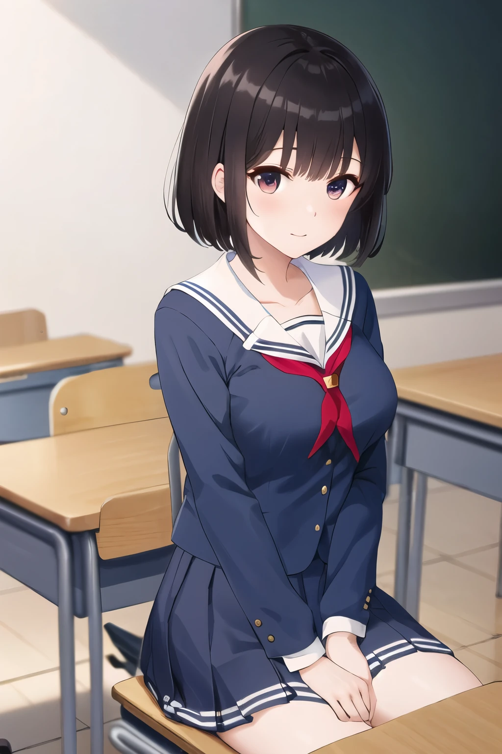 masterpiece, best quality, highres, hmkm1, short hair, blue shirt, school uniform, pleated skirt, long sleeves, collarbone, serafuku, medium breasts, cowboy shot, indoors, classroom, sitting, desk, chair,