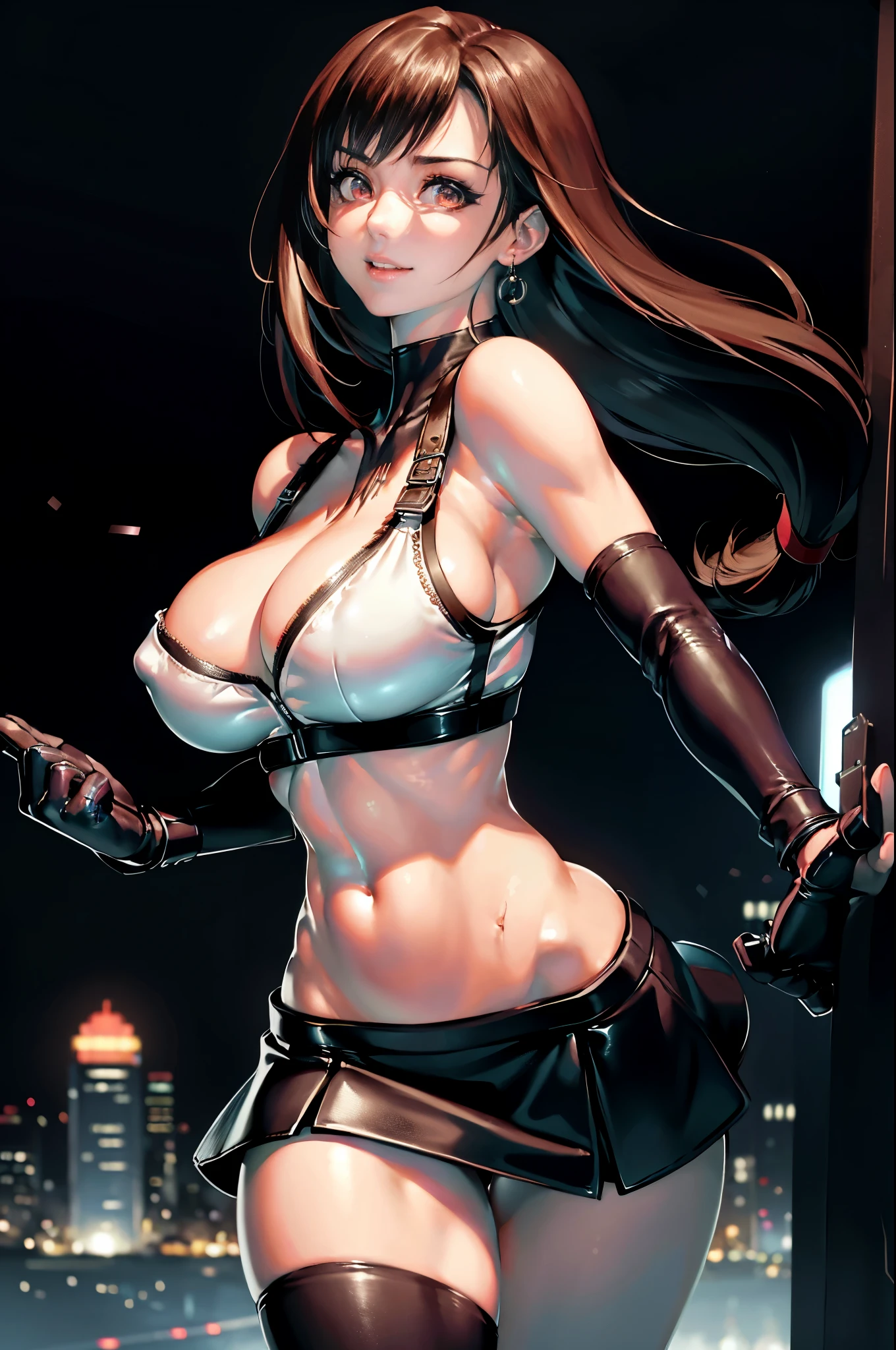 (8k, best quality, masterpiece:1.2), (realistic, photo-realistic:1.37), ultra-detailed, 1 girl,cute, solo, (tifa lockhart), (large breasts:1.5),(beautiful detailed eyes), (smile:1.2), (closed mouth), erotic pose, depth of field, dark intense shadows, sharp focus, depth of field, good composition, Final Fantasy VII, (white sports bra:1.3), (black leather miniskirt:1.2), stockings, gloves, full body, lips, pretty face, long hair, ((red_eyes:1.2)), intricate, bokeh, cinematic lighting, photon mapping, radiosity, physically-based rendering, (Tetsuya Nomura style), nsfw, perfect breasts, (in futuristic neon city)