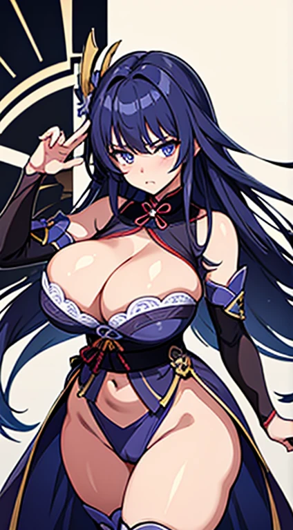 Raiden Shogun the busty goddess from genshin impact, looking like a hot babe,gourgeous goddess,beautifull,cute face with a large,curvy voluptuous body, massive breasts, thick thighs wearing see through reaveling outfit
