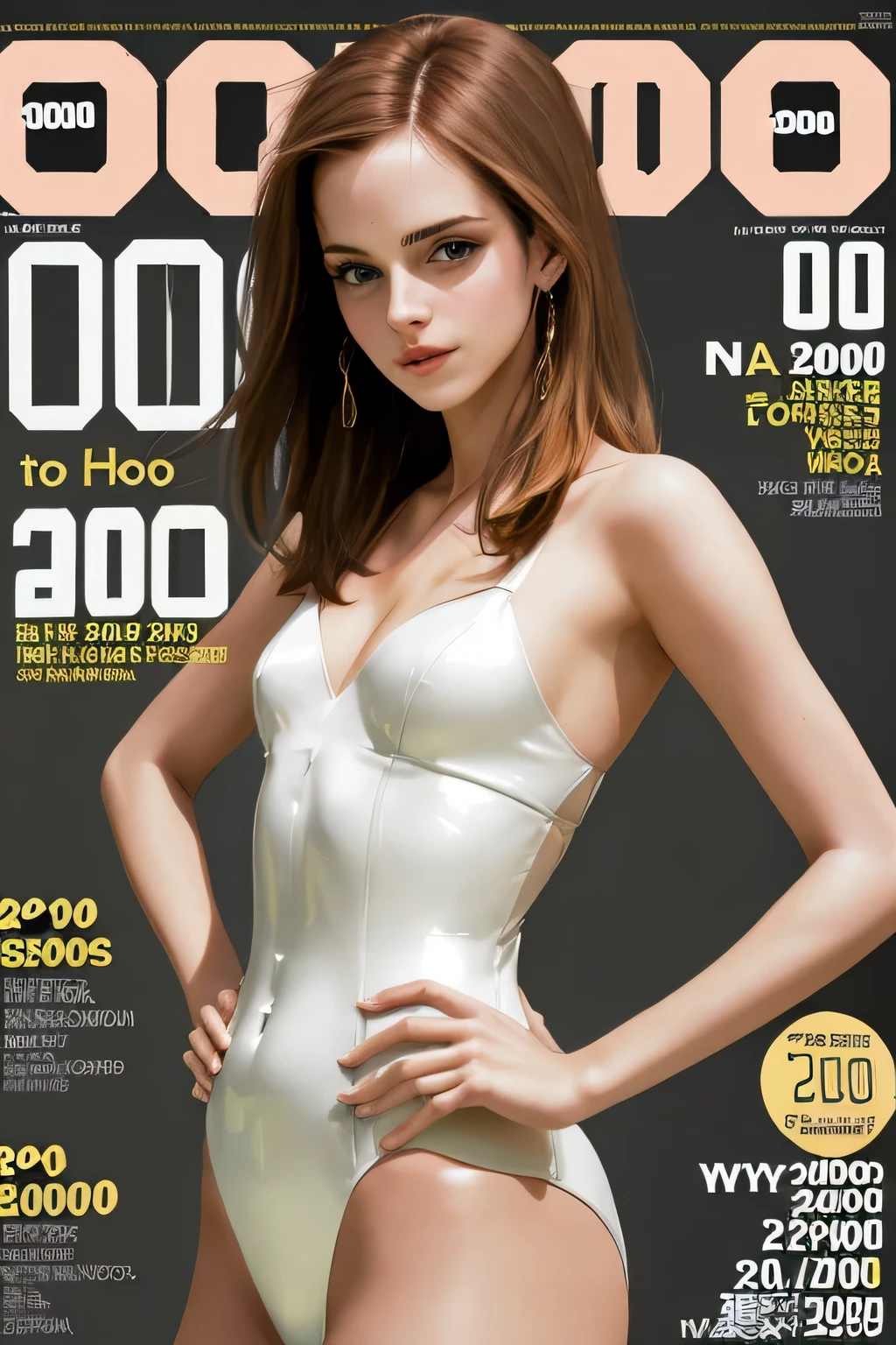 emwt, stunning supermodel woman posing in a latex leotard with her hands on her hips on a photoshoot for (2000s:1.5) modern style, ( magazine cover) cover text