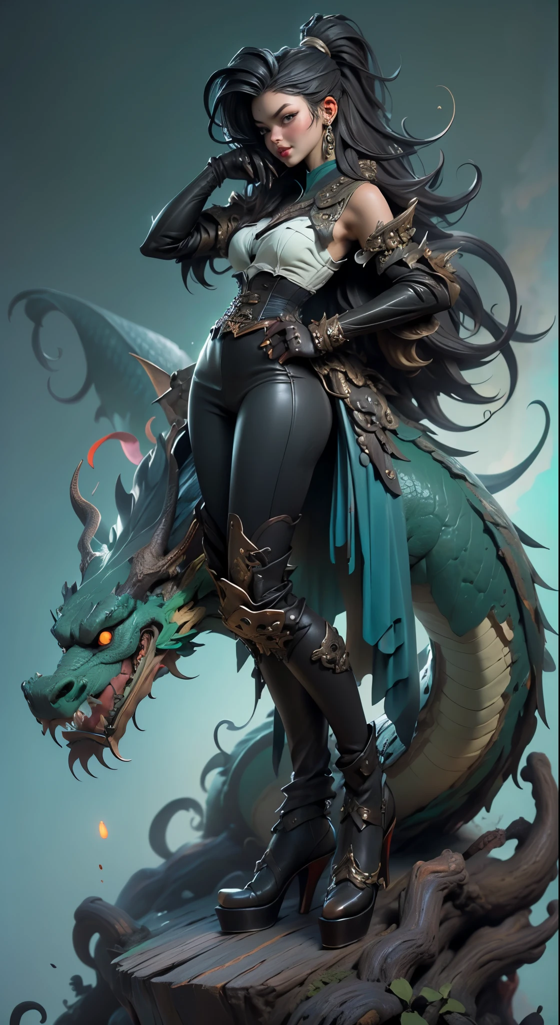 01_Green wooden dragon. Chinese style. Sculpture. A wooden sculpture, next to a cool girl in a leather corset, long dark hair, high black leather jackboots, black gloves on her hands, and metal spikes on her shoulders. Rock star, super beauty against the background of a sculpture made of wood, a green dragon - in the Chinese style.
02_ Highly detailed textures, the highest quality (Girl with white skin, in black boots with spikes and a corset (cool-sexy). Side lighting, warm light, cold shadows. Chiaroscuro, contrasting shapes, volume, and depth of the image. Slight blur in the background Dust squeaks underfoot, an old wooden sculpture, and soft lighting.
03_Highest quality, cinematic rendering. The epic setting, Chinese-style sculpture, and one character - a girl. Contrast lighting, warm light, soft - deep cold shadows. Ocher, seppia, cold lateral reflex. (Dark leather, metal, and several colors decorate the composition). The highest 3D rendering, cinema, animation, masterpiece. Unreal Engine, FUL HD. 16K. Deep focus, high color range.