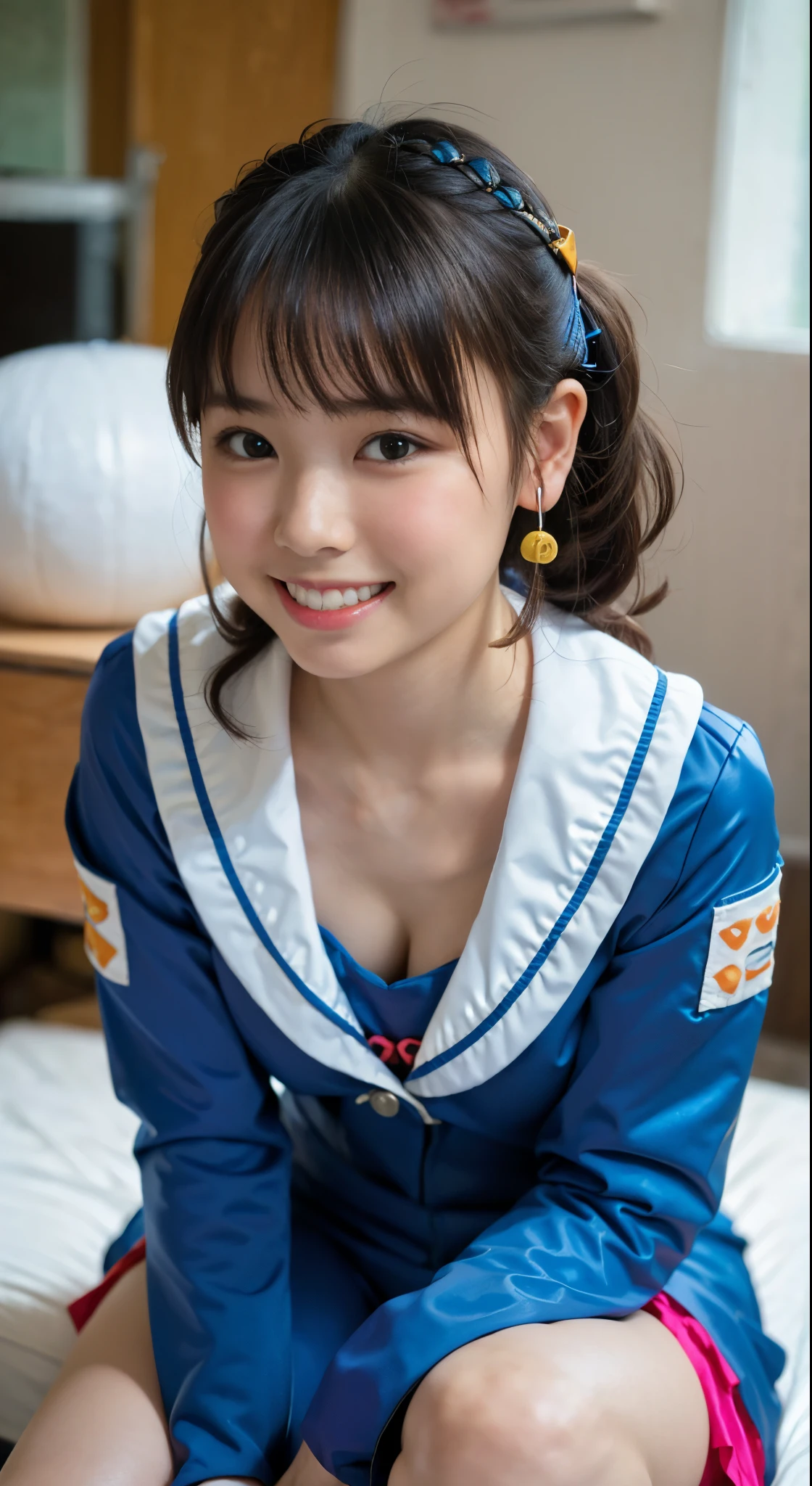 （8K、Raw photography、top-quality、​masterpiece：1.2),(Open your legs wide),(A dark-haired、poneyTail、Curly hair:1.5),watching at viewers,Looking at the front,Erotic,de pele branca,(brightly colored plug suit:1.7)、(Clothing that emphasizes the shape of your chest、exposing the skin:1.5)、(Colossal tits:1.3)、absurderes,、超A high resolution,,ren,Beautiful fece,(One Person, 独奏、without background:1.6),fullllbody,hi-school girl,A Japanese Lady,is standing,（Photorealsitic：1.37）、Photon mapping,Realistic、(Cute little face: 1.8)、(Cute smile: 1.7)、(with round face: 1.8)、Radio City、Physically Based Rendering、Foreground、depth of field rally background、a picture,beauty legs, (Knees are visible,Thigh close-up:1.4),full body Esbian、Nogizaka Idol, Japanese ido、Colossal titsle body esbian、super definition、Sit on a desk and spread your legs