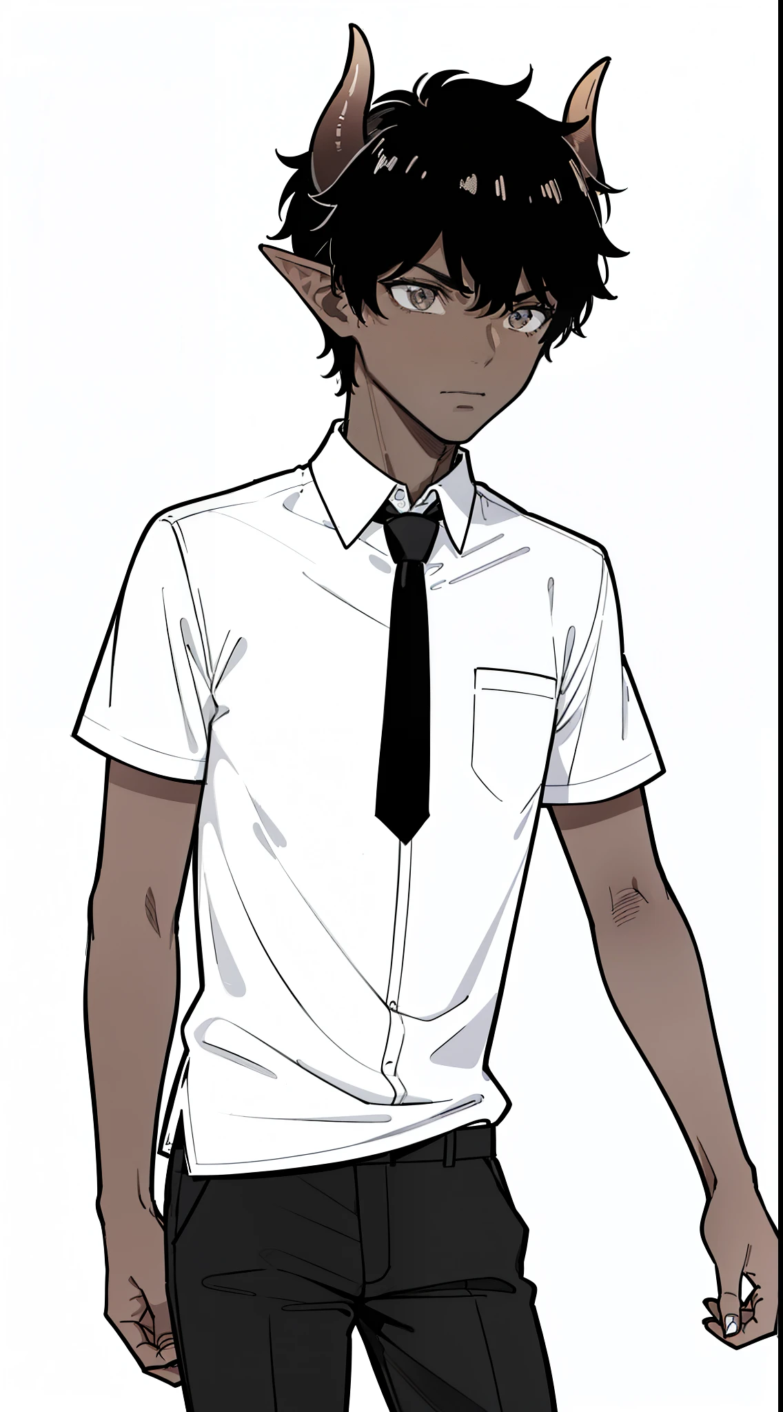 1boy,20,,solo,serious,((dark skin)),((white shirt,short sleeves,black tie,black pants)),Short hair,black hair,elf ears,(horns),(white background,line drawing),cowboy shot,standing