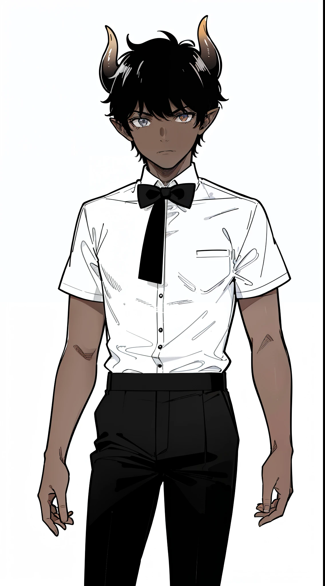 1boy,20,teen,solo,serious,((dark skin)),((white shirt,short sleeves,black tie,black pants)),Short hair,black hair,elf ears,(horns),(white background,line drawing),cowboy shot,standing