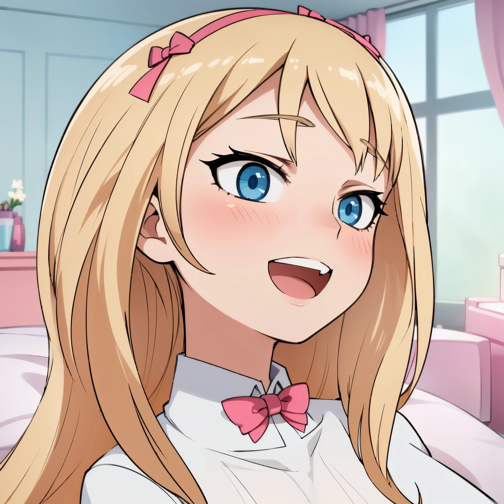 hiquality, tmasterpiece (One teenage girl). blonde woman. blue eyes. ssmile. open mouth with teeth. white shirt. Pink Bow. room at background.