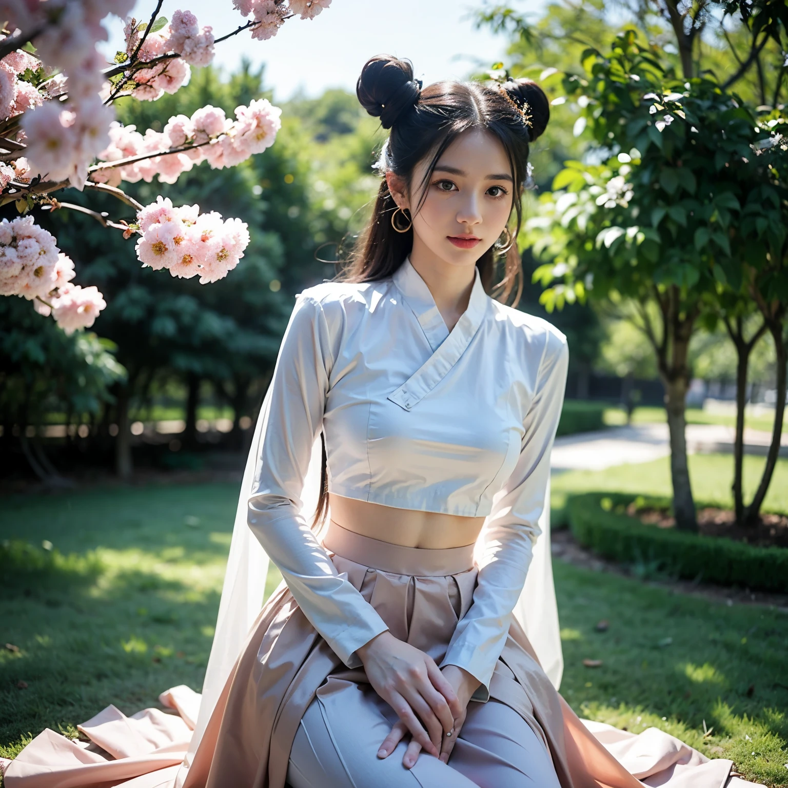 ((best quality)), ((masterpiece)), (detailed), perfect face （8K分辨率，close-up all over the body），（1womanl，18yr old，（（Soft and cute，s delicate face，详细的脸），confident smile），Fair ，（Best Skin Type：1.21），（Vintage bun，Exaggerated traditional hairstyle，Pair it with extremely complex headgear），（（High-end Hanfu skirt，Luxurious full-breasted skirt，Collared skirt，（materpiece：Chiffon，Silky，Ultrathin，softness）），Elongated earrings，（Girl in a sea of flowers，Natural dependence，Naturally placed hands），delicate artwork，perfect hand，Ultra-fine clothing material），（lakeside，Peach blossom forest full of flowerquisite details of the setting），（Professional lighting，动态照明），（（Dignified and elegant，white colors，in pink，cyan colors））），（Golden section，Cinema lenses，Hasselblad photograp，tmasterpiece：1.3），（Fairy style，vintage art，trendsetting，Official propaganda，Art platform）