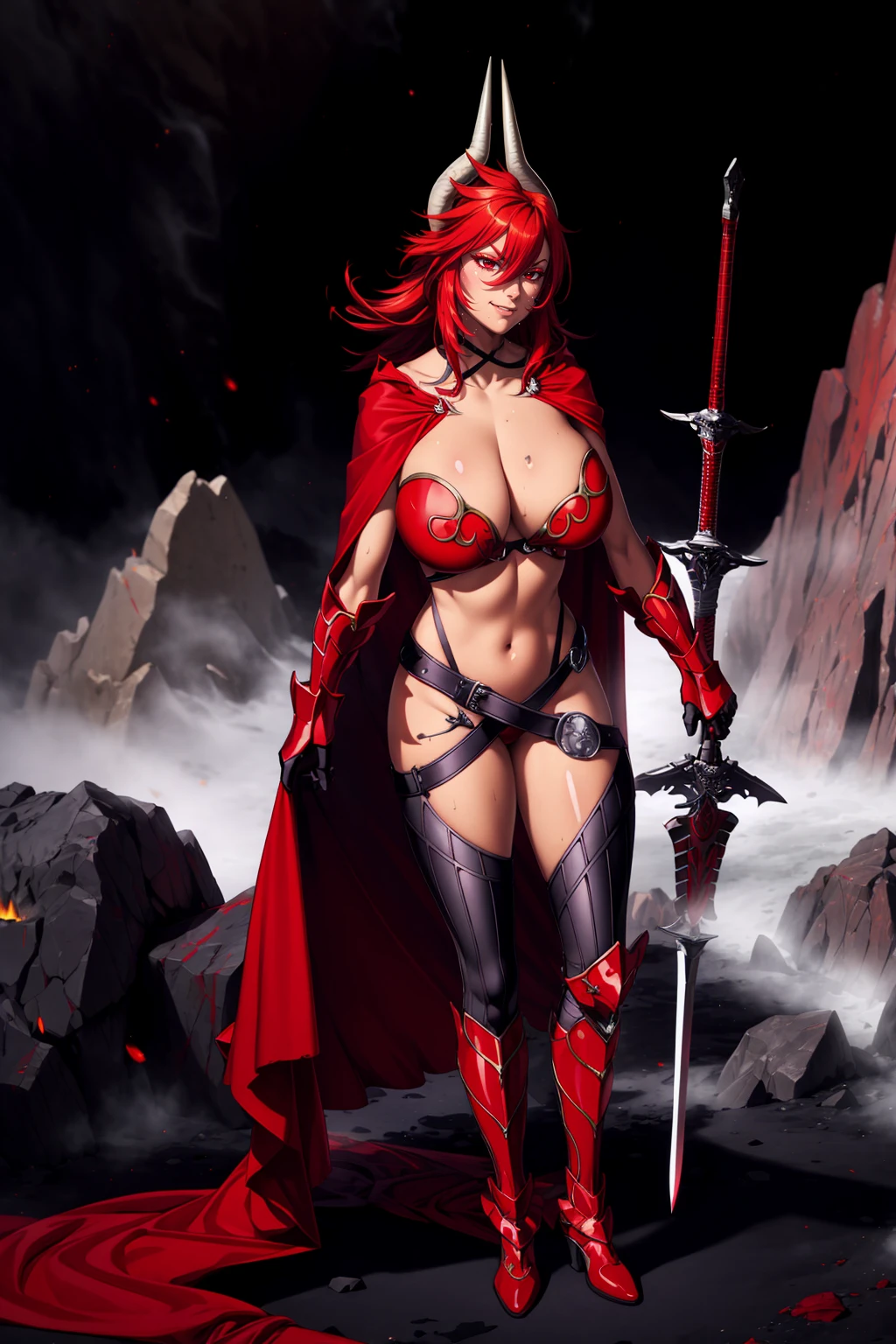 (masterpiece, best quality:1.2), 1girl, satanx, dramatic lighting, god rays, dark, smoke, mist, fog, fantasy landscape, (embers), magma, light particles, breasts, red bikini armor, red cape,annoyed, soft particles 1nf3rnalAI, standing, full body, boots,,smile, happy, standing,full body, sword holding