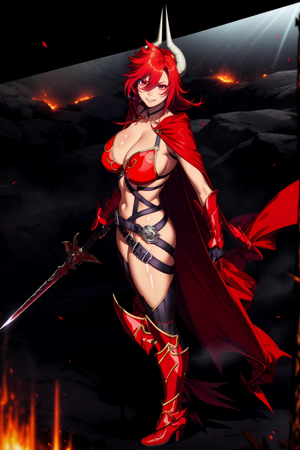 (masterpiece, best quality:1.2), 1girl, satanx, dramatic lighting, god rays, dark, smoke, mist, fog, fantasy landscape, (embers), magma, light particles, breasts, red bikini armor, red cape,annoyed, soft particles 1nf3rnalAI, standing, full body, boots,,smile, happy, standing,full body, sword holding