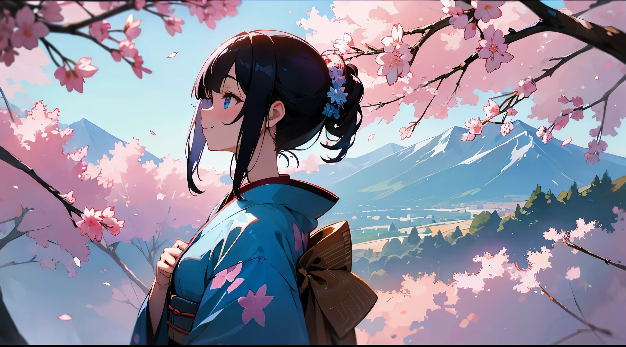 The sunlight filtering through the trees hits the profile of a person looking up with a smile.、Background with fantastic mountains, sunrise and cherry blossoms、Background with cranes flying in the distance、Back lighting、Kimono full of floral patterns、Girl with blue inner color, black hair, and light blue eyes。Close-up of the eyes。art noveau、