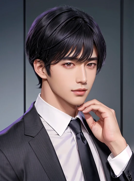 a close up of a person in a suit and tie, anime handsome man, a handsome man, black short hair, straight unparted bangs, straight front bangs, unparted bangs, handsome professor, Lucien xumo, Mr love queens choice, purple eyes.