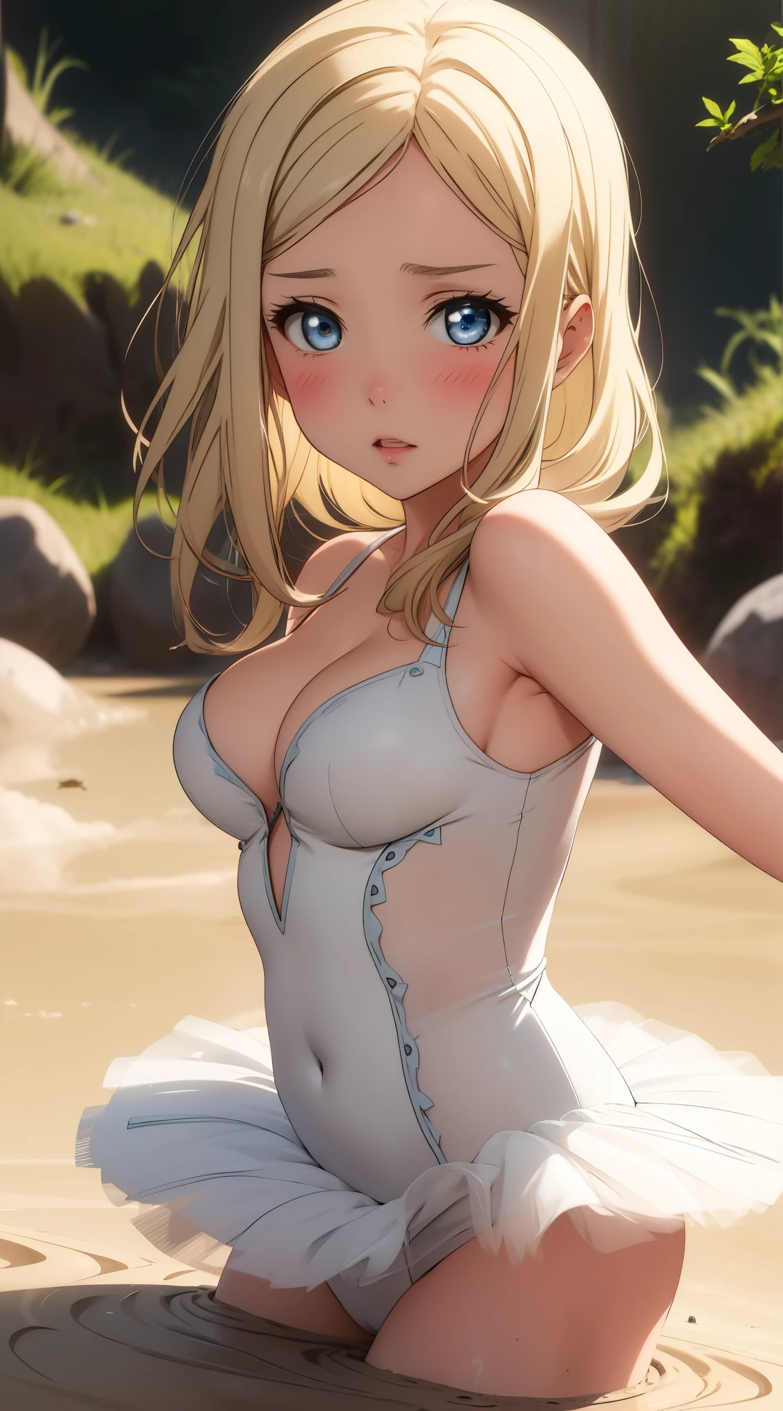 masterpiece, best quality, highly detailed, ultra high res, ayase arisa, 1girl, solo, blue eyes, hair ornament, blonde hair, long hair, blush, glossy lips, ballerina, sleeveless leotard, (tutu), medium breasts, cleavage, (quicksand:1.3)