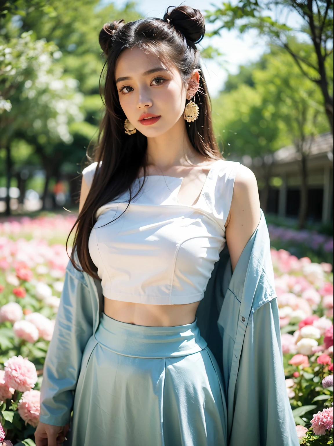 ((best quality)), ((masterpiece)), (detailed), perfect face （8K分辨率，close-up all over the body），（1womanl，18yr old，（（Soft and cute，s delicate face，详细的脸），confident smile），Fair ，（Best Skin Type：1.21），（Vintage bun，Exaggerated traditional hairstyle，Pair it with extremely complex headgear），（（High-end Hanfu skirt，Luxurious full-breasted skirt，Collared skirt，（materpiece：Chiffon，Silky，Ultrathin，softness）），Elongated earrings，（Girl in a sea of flowers，Natural dependence，Naturally placed hands），delicate artwork，perfect hand，Ultra-fine clothing material），（lakeside，Peach blossom forest full of flowerquisite details of the setting），（Professional lighting，动态照明），（（Dignified and elegant，white colors，in pink，cyan colors））），（Golden section，Cinema lenses，Hasselblad photograp，tmasterpiece：1.3），（Fairy style，vintage art，trendsetting，Official propaganda，Art platform）