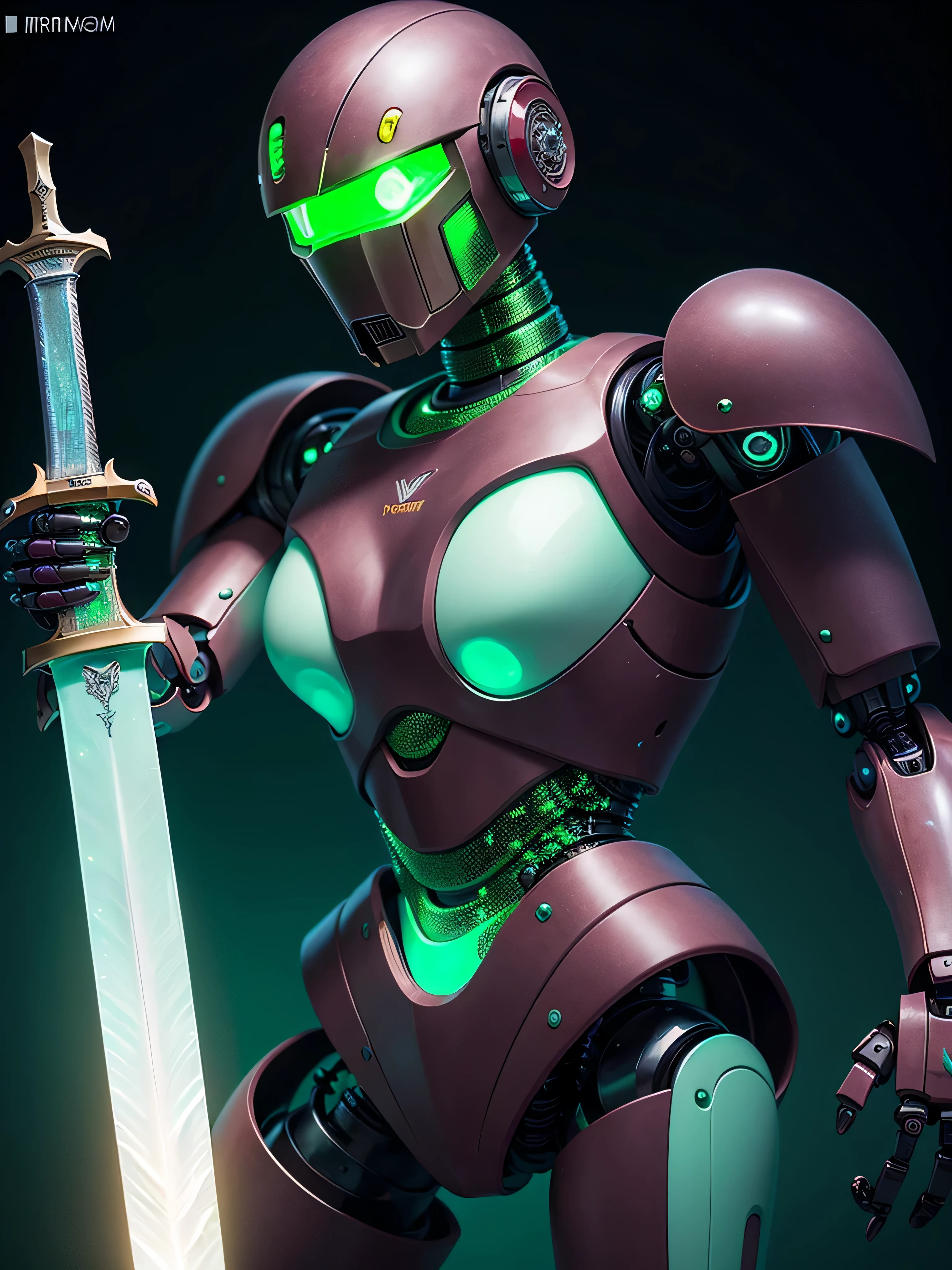 ((best quality: 1.5)) ((masterpiece: 0.8)), intricate details, sharp focus, professional, photorealistic, real life, ((((solo) feminine robot, juggernaught, droid, ((mechanical arm, cyborg face))))) bright glow, dynamic pose, in the style of realistic and hyper detailed renderings, zbrush, hyper realistic oil, contoured shading, dark room, dark background, black background, solo, BREAK; BREAK (((((glowing green light sword))))), ((fujicolor)), BREAK; BREAK ((((futuristic (matte maroon scalemail armor, (wrist bayonet, iridescent seafoam))), photorealistic, hyper-realistic)))