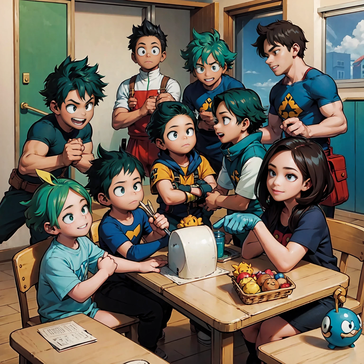 Quadro 1:
Deku, com um sorriso animado, is showing his hero toy collection to his classmates in .

Quadro 2:
Deku&#39;s colleagues are delighted, cada um segurando um brinquedo diferente, as they discuss their choices and imaginary powers.

Quadro 3:
Deku begins to invent an improvised heroic story, envolvendo todos os brinquedos, e seus colegas se envolvem na narrativa, criando um ambiente de brincadeira empolgante.

Quadro 4:
All the little heroes are laughing and having fun, strengthening bonds of friendship as they share their imaginations and heroic dreams on the kindergarten playground.