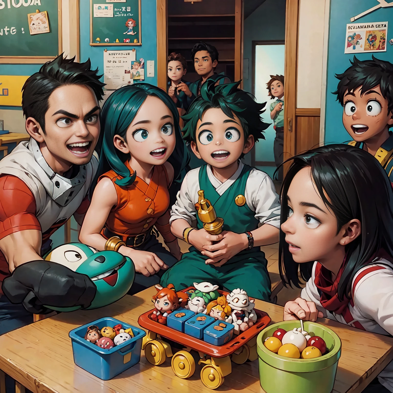 **Quadro 1:**
*Deku, com um sorriso animado, is showing his hero toy collection to his classmates in kindergarten.*

**Quadro 2:**
*Deku&#39;s colleagues are delighted, cada um segurando um brinquedo diferente, as they discuss their choices and imaginary powers.*

**Quadro 3:**
*Deku begins to invent an improvised heroic story, envolvendo todos os brinquedos, e seus colegas se envolvem na narrativa, criando um ambiente de brincadeira empolgante.*

**Quadro 4:**
*All the little heroes are laughing and having fun, strengthening bonds of friendship as they share their imaginations and heroic dreams on the kindergarten playground.*