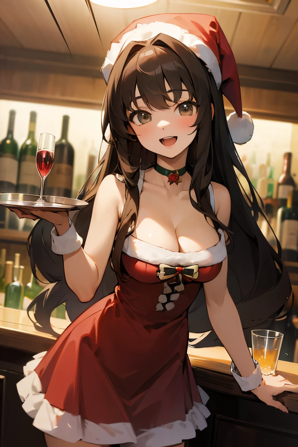 ((masterpiece)), (best quality), highres, cute age girl, (Santa girl), silky long hair, choker, bare shoulder, cleavage, thin dress, frilled dress, bow, sleeveless, cowboy shot, against the bar, indoor, (bar), smile, open mouth, holding tray, beautiful food, (old wine)