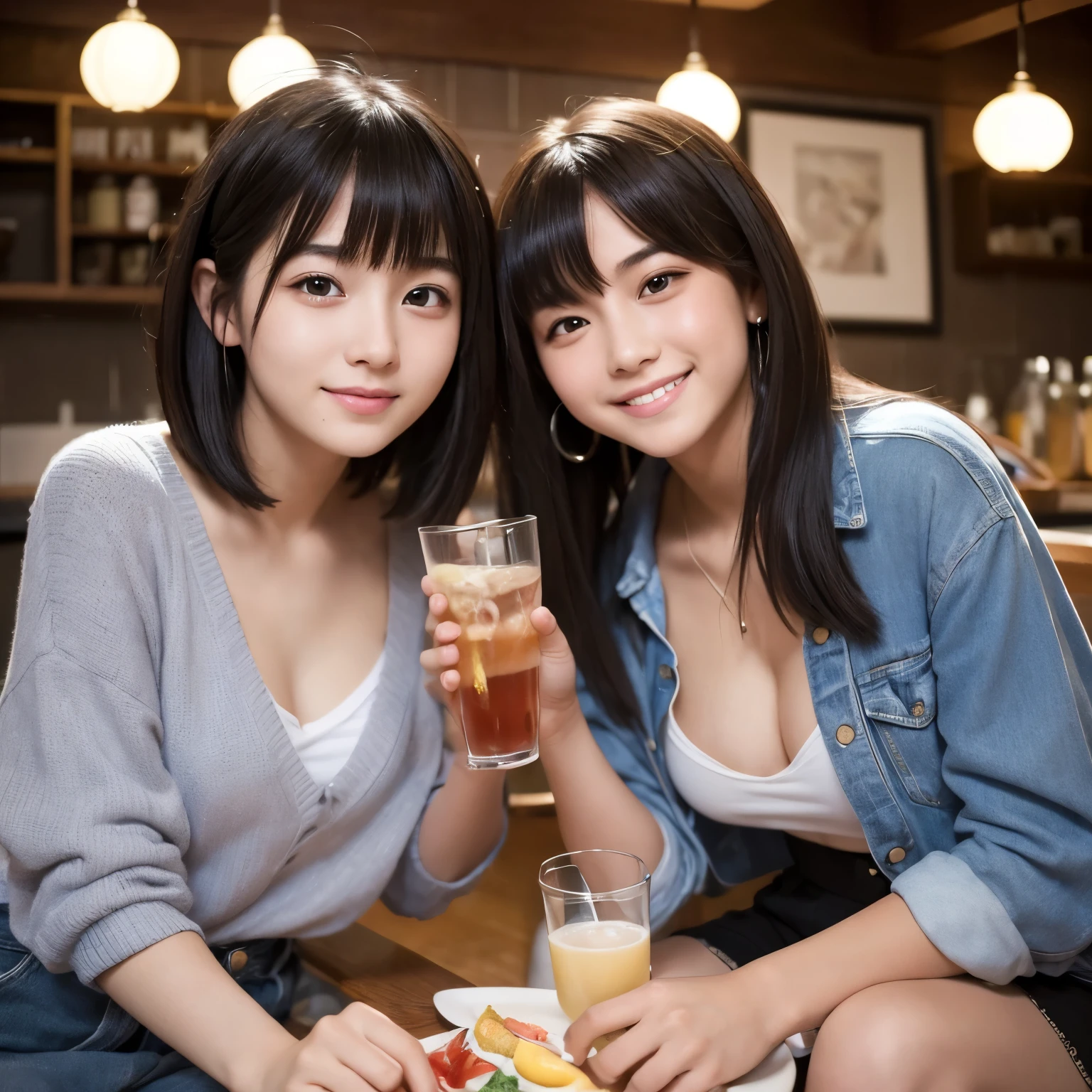 Best-quality, Masterpiece, Ultra-High-Resolution, (Photorealistic:1.4), Raw-Photo, Extremely-Detailed, Perfect-Anatomy, lesbian couple, -yeld and-years-old, having fun at drinking home party, both very famous Japanese idos, both extremely cute face like a most popular Japanese idols, both extremely beautiful big-black-eyes, (both extremely beautiful hair, very-short-cut-haired, long-haired)
