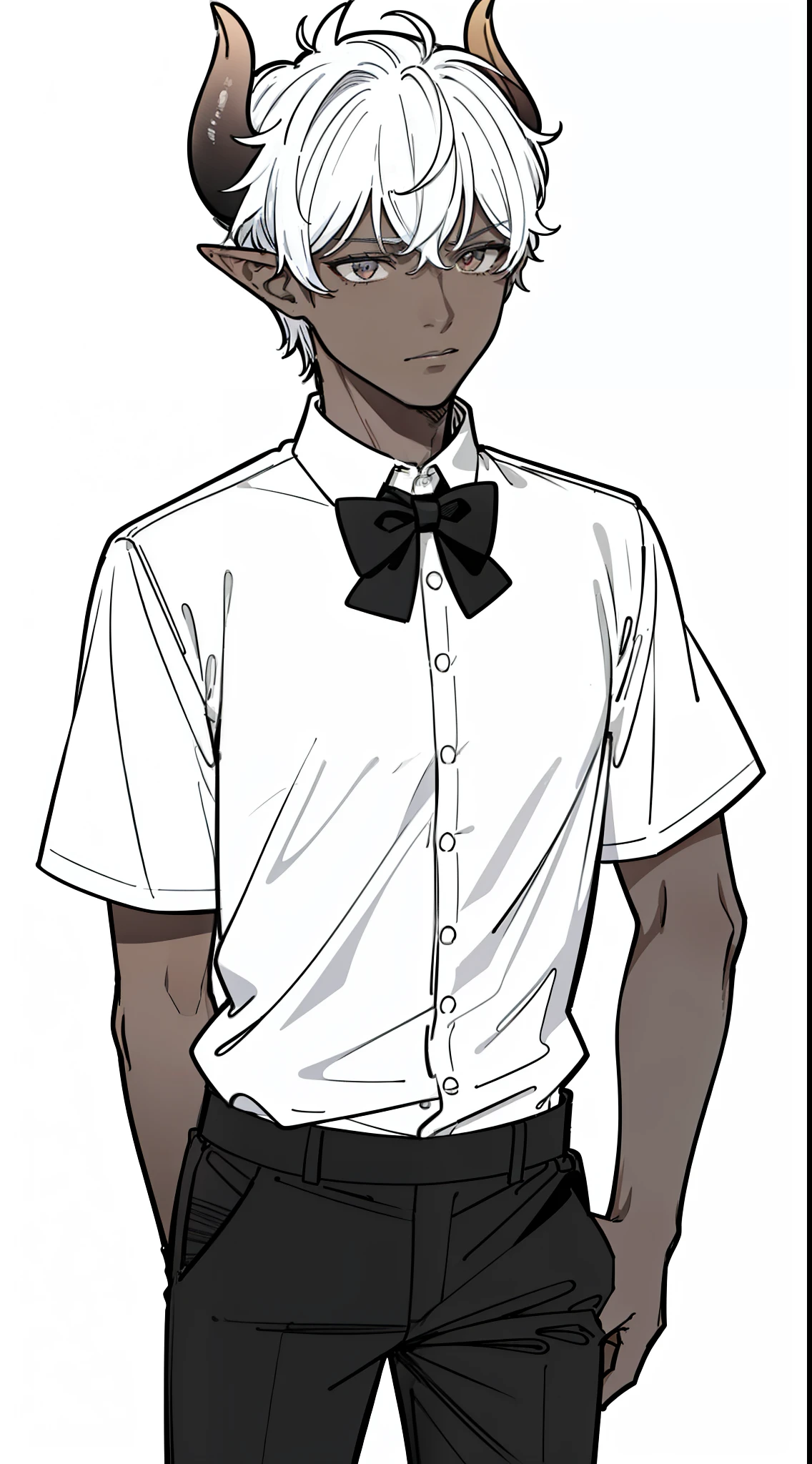 1boy,20,mature male,solo,serious,((dark skin)),((white shirt,short sleeves,black bow tie,black pants)),Short hair,white hair,elf ears,(horns),(white background,line drawing),cowboy shot,standing