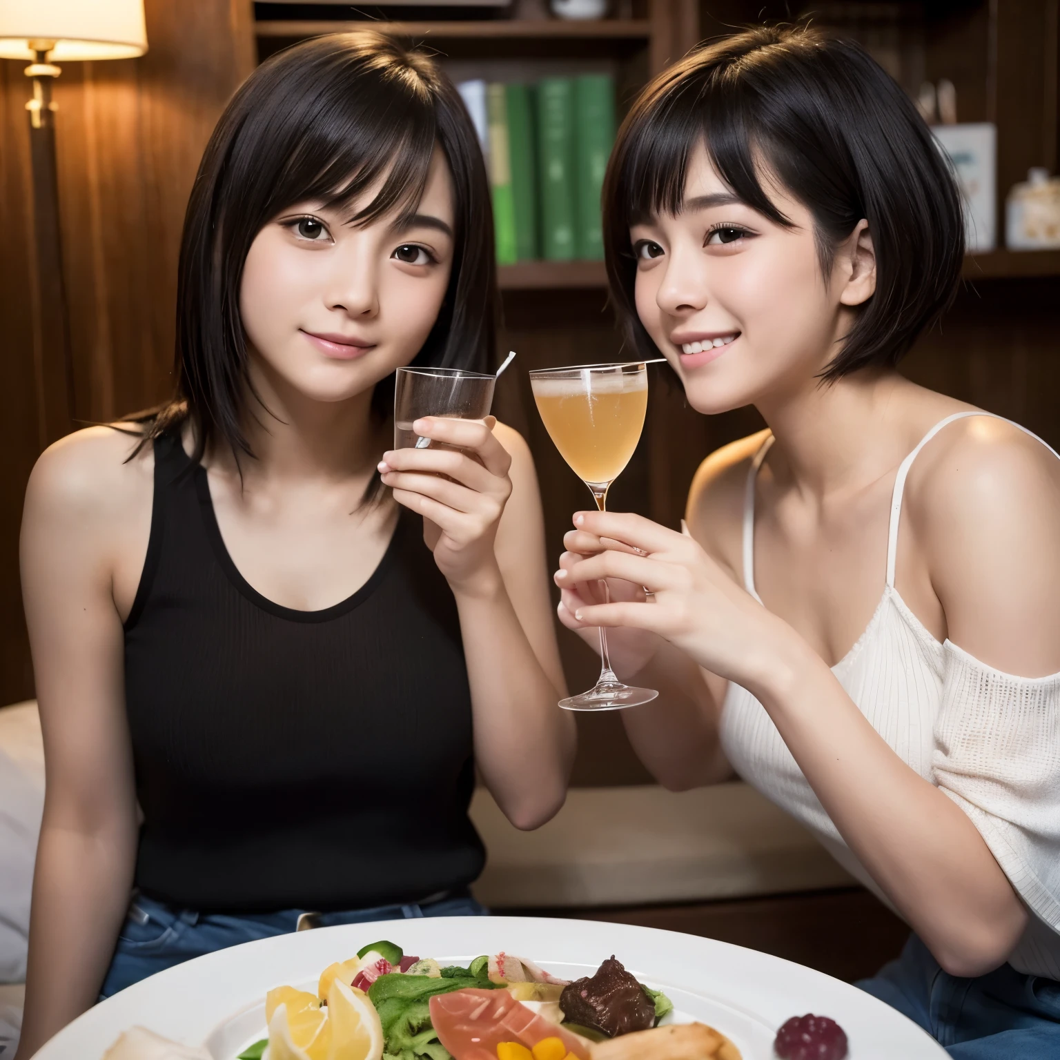 Best-quality, Masterpiece, Ultra-High-Resolution, (Photorealistic:1.4), Raw-Photo, Extremely-Detailed, Perfect-Anatomy, lesbian couple, -yeld and-years-old, having fun at drinking home party, both very famous Japanese idos, both extremely cute face like a most popular Japanese idols, both extremely beautiful big-black-eyes, (both extremely beautiful hair, very-short-cut-haired, long-haired)