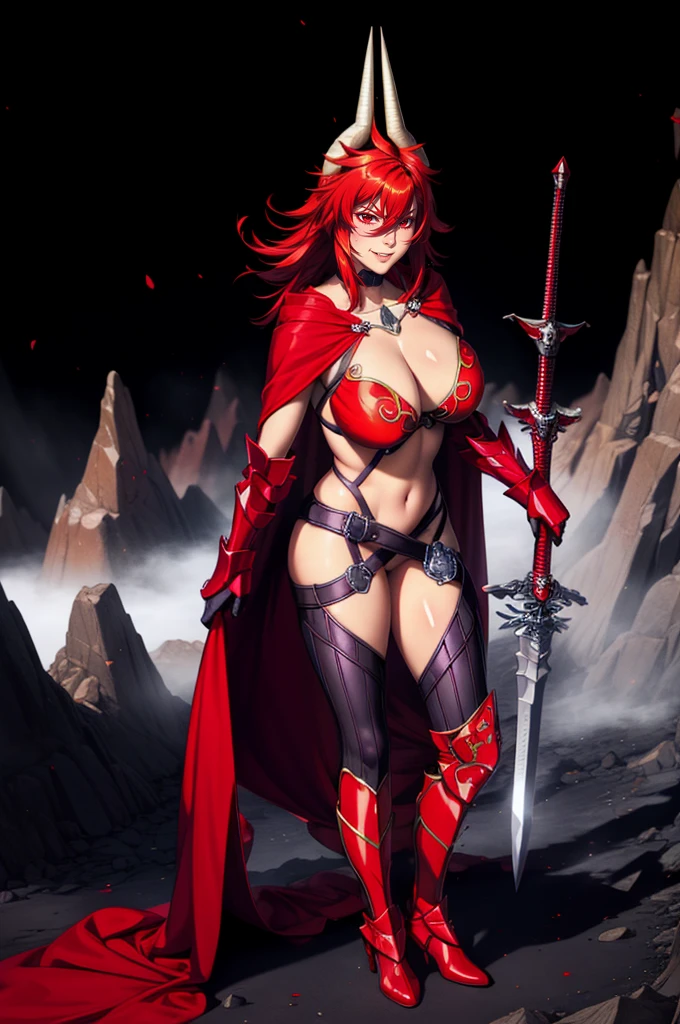 (masterpiece, best quality:1.2), 1girl, satanx, dramatic lighting, god rays, dark, smoke, mist, fog, fantasy landscape, (embers), magma, light particles, breasts, red bikini armor, red cape,annoyed, soft particles 1nf3rnalAI, standing, full body, boots,,smile, happy, standing,full body, sword holding