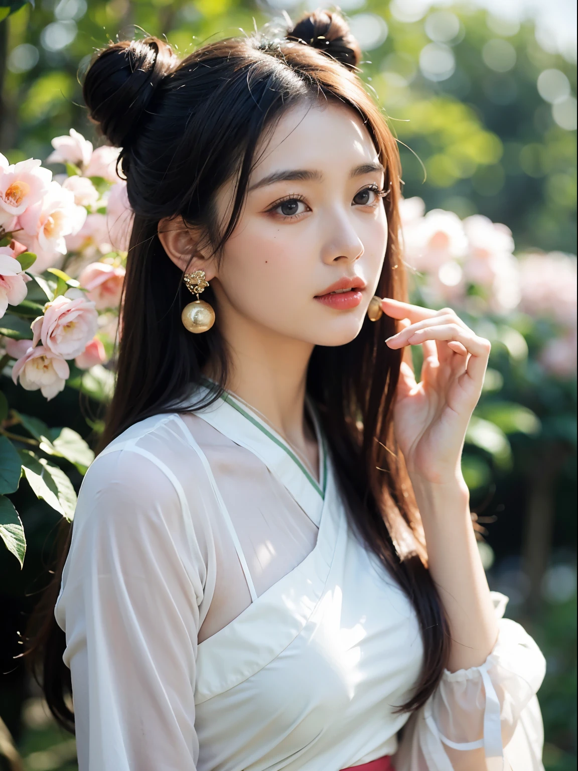 ((best quality)), ((masterpiece)), (detailed), perfect face （8K分辨率，close-up all over the body），（1womanl，18yr old，（（Soft and cute，s delicate face，详细的脸），confident smile），Fair ，（Best Skin Type：1.21），（Vintage bun，Exaggerated traditional hairstyle，Pair it with extremely complex headgear），（（High-end Hanfu skirt，Luxurious full-breasted skirt，Collared skirt，（materpiece：Chiffon，Silky，Ultrathin，softness）），Elongated earrings，（Girl in a sea of flowers，Natural dependence，Naturally placed hands），delicate artwork，perfect hand，Ultra-fine clothing material），（lakeside，Peach blossom forest full of flowerquisite details of the setting），（Professional lighting，动态照明），（（Dignified and elegant，white colors，in pink，cyan colors））），（Golden section，Cinema lenses，Hasselblad photograp，tmasterpiece：1.3），（Fairy style，vintage art，trendsetting，Official propaganda，Art platform）