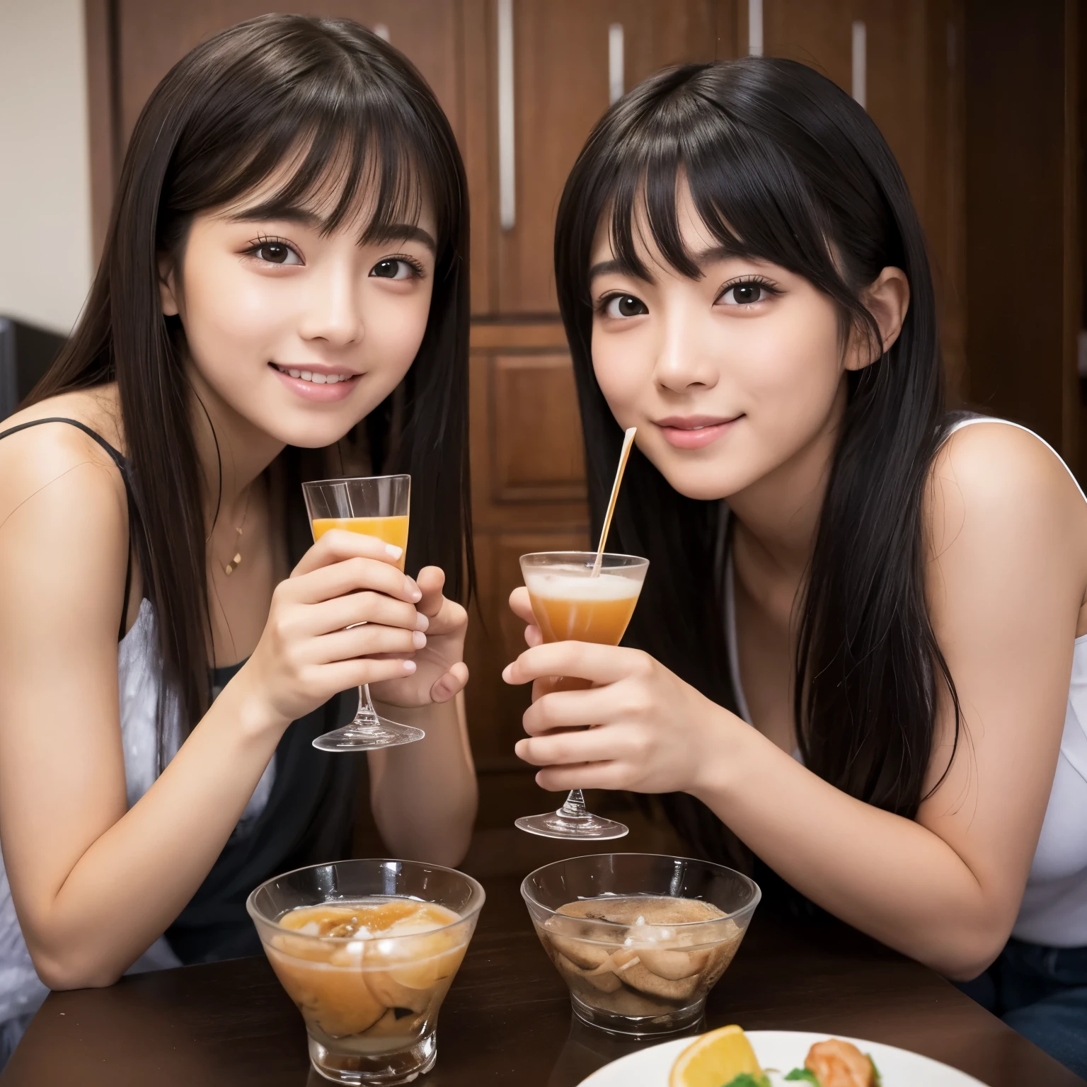 Best-quality, Masterpiece, Ultra-High-Resolution, (Photorealistic:1.4), Raw-Photo, Extremely-Detailed, Perfect-Anatomy, lesbian couple, 15-years-old and 25-years-old, having fun at drinking home party, both very famous Japanese idos, both extremely cute face like a most popular Japanese idols, both extremely beautiful big-black-eyes, (both extremely beautiful hair, very-short-cut-haired, long-haired)
