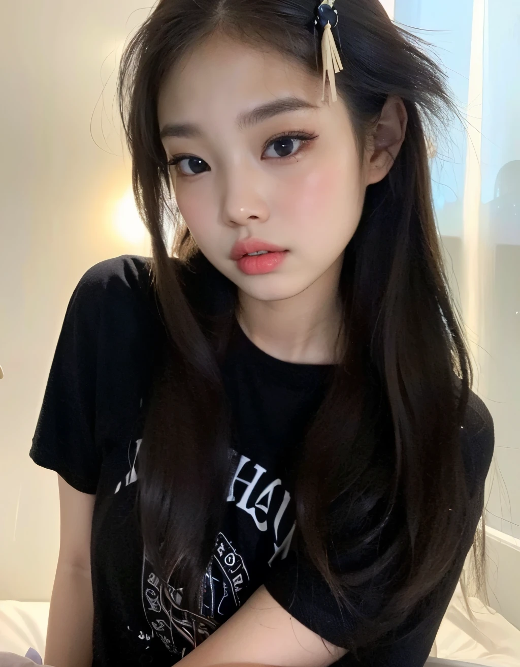 um close de uma jovem com cabelos longos vestindo uma camisa preta, Kim jennie, Ulzzang, jennie blackpink, Jennie Canela,  coreana, young adorable korean face, Kim adorable korean face, young cute wan asian face, young asian girl, Jennie Kim, cruel korean goth girl, jennie do blackpink, 19-year-old girl