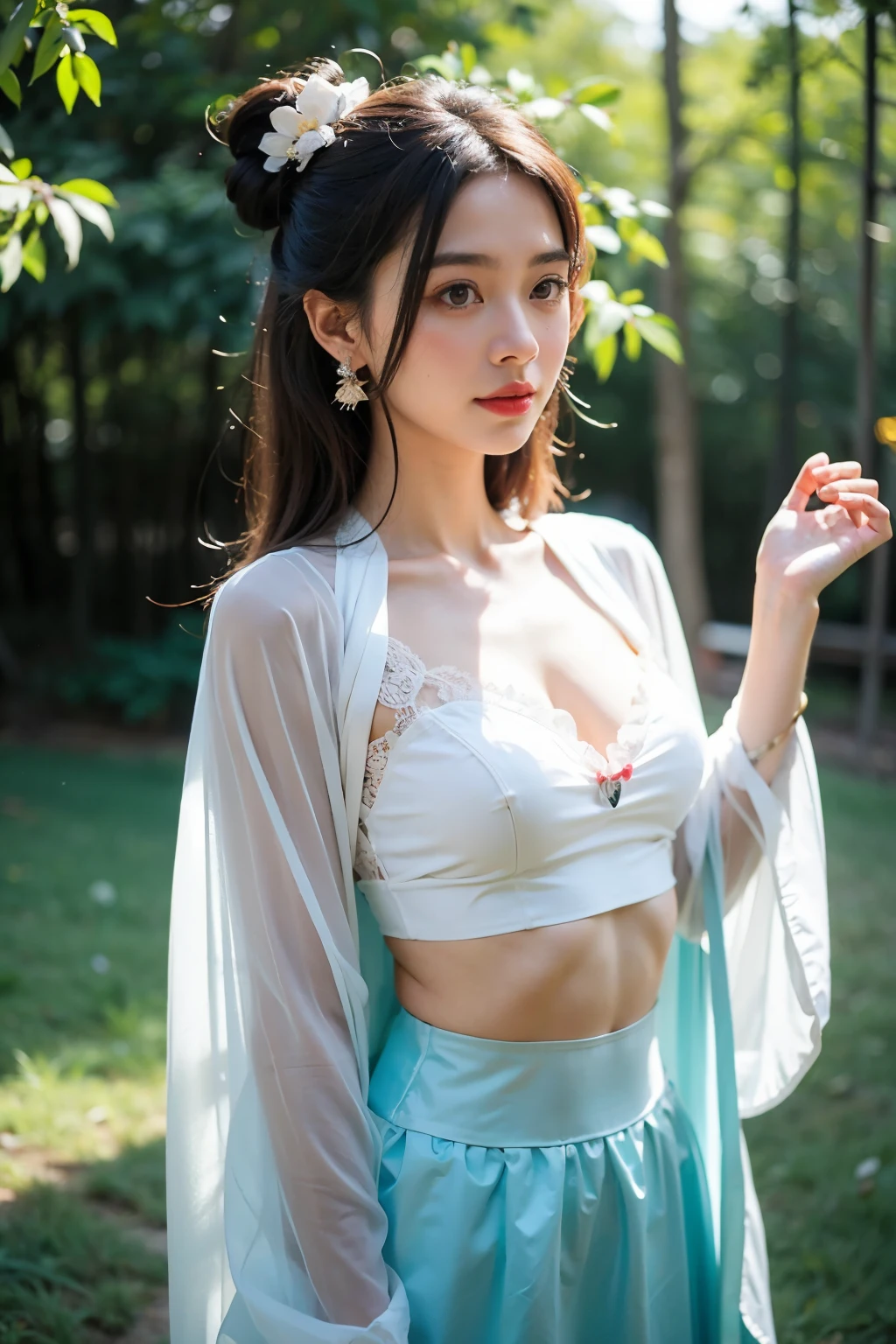 ((best quality)), ((masterpiece)), (detailed), perfect face （8K分辨率，close-up all over the body），（1womanl，18yr old，（（Soft and cute，s delicate face，详细的脸），confident smile），Fair ，（Best Skin Type：1.21），（Vintage bun，Exaggerated traditional hairstyle，Pair it with extremely complex headgear），（（High-end Hanfu skirt，Luxurious full-breasted skirt，Collared skirt，（materpiece：Chiffon，Silky，Ultrathin，softness）），Elongated earrings，（Girl in a sea of flowers，Natural dependence，Naturally placed hands），delicate artwork，perfect hand，Ultra-fine clothing material），（lakeside，Peach blossom forest full of flowerquisite details of the setting），（Professional lighting，动态照明），（（Dignified and elegant，white colors，in pink，cyan colors））），（Golden section，Cinema lenses，Hasselblad photograp，tmasterpiece：1.3），（Fairy style，vintage art，trendsetting，Official propaganda，Art platform）