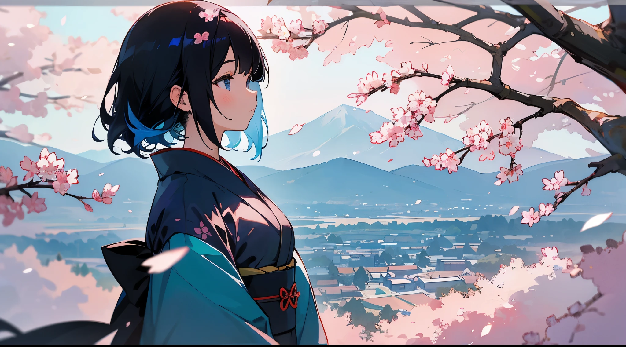 Background with fantastic mountains, sunrise and cherry blossoms、Background with cranes flying in the distance、Back lighting、Profile looking up and sunlight filtering through the trees。Kimono full of floral patterns、Girl with blue inner color, black hair, and light blue eyes。Close-up of the eyes。art noveau、