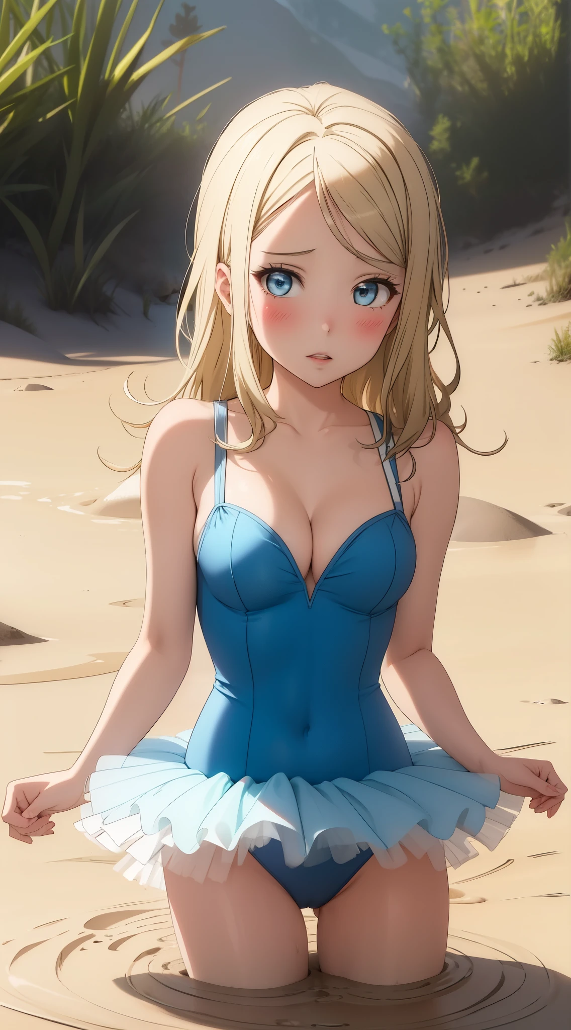 masterpiece, best quality, highly detailed, ultra high res, ayase arisa, 1girl, solo, perfect body, blue eyes, hair ornament, blonde hair, long hair, blush, glossy lips, ballerina, sleeveless leotard, (tutu), medium breasts, cleavage, (quicksand:1.3)