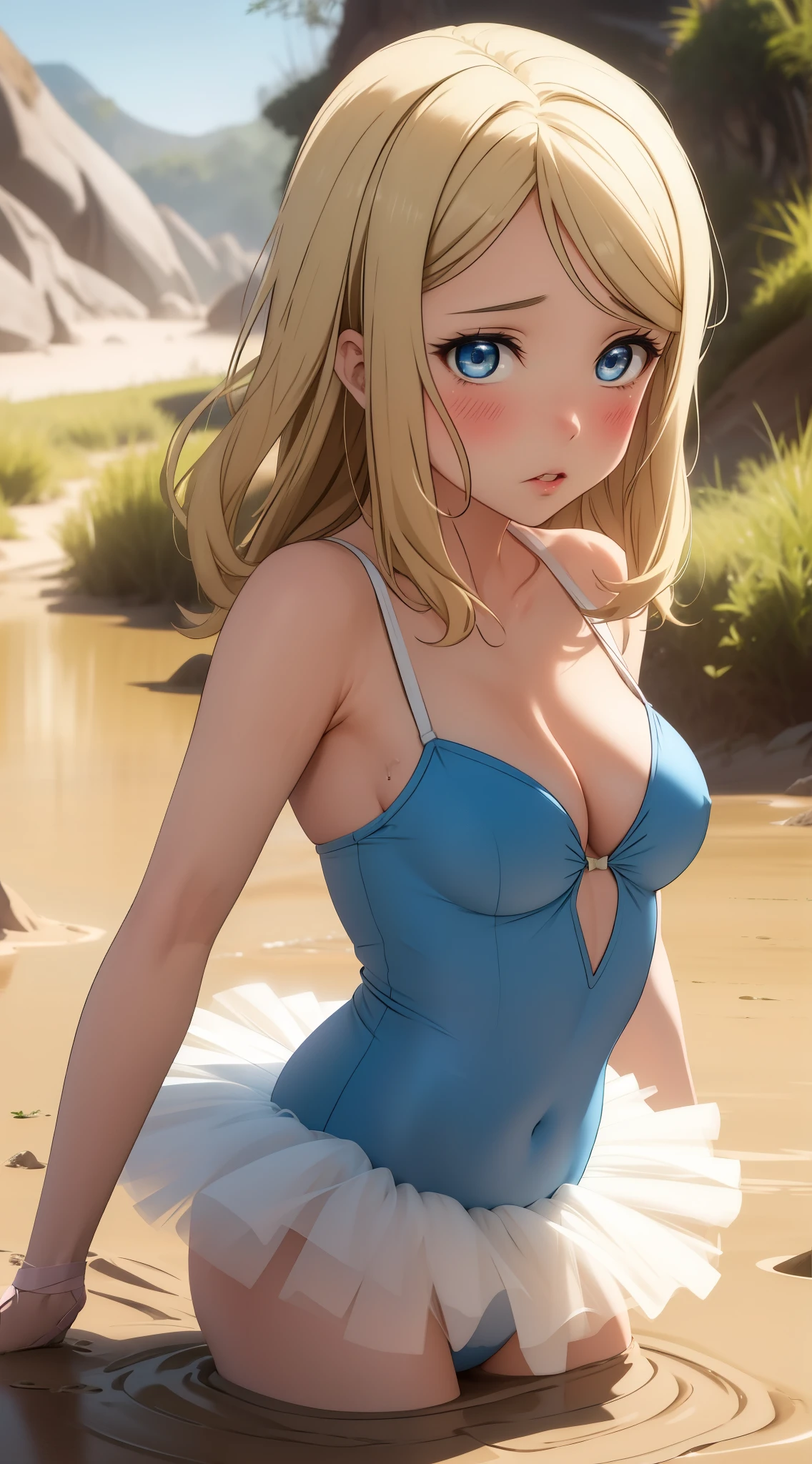 masterpiece, best quality, highly detailed, ultra high res, ayase arisa, 1girl, solo, perfect body, blue eyes, hair ornament, blonde hair, long hair, blush, glossy lips, ballerina, sleeveless leotard, (tutu), medium breasts, cleavage, (quicksand:1.3)