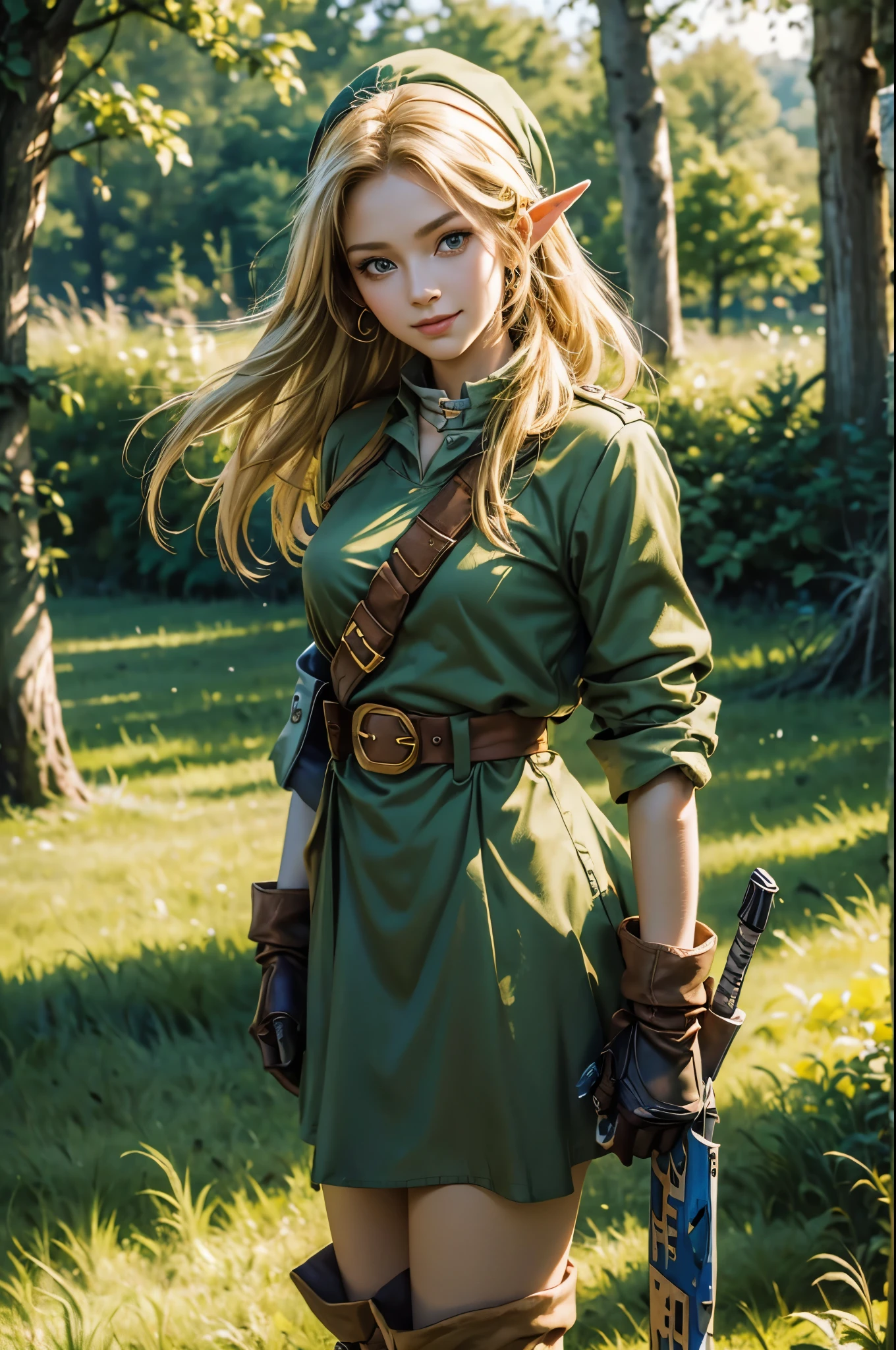 (masterpiece), best quality, expressive eyes, perfect face, highres, (female body:1.3),1 girl, solo, ootLink girl, hat, long hair, blonde hair, (green tunic), belt, fingerless gloves, boots, field, grass, trees, landscape, depth of field, smiling, standing, upper body portrait, looking at the viewer, from frontal