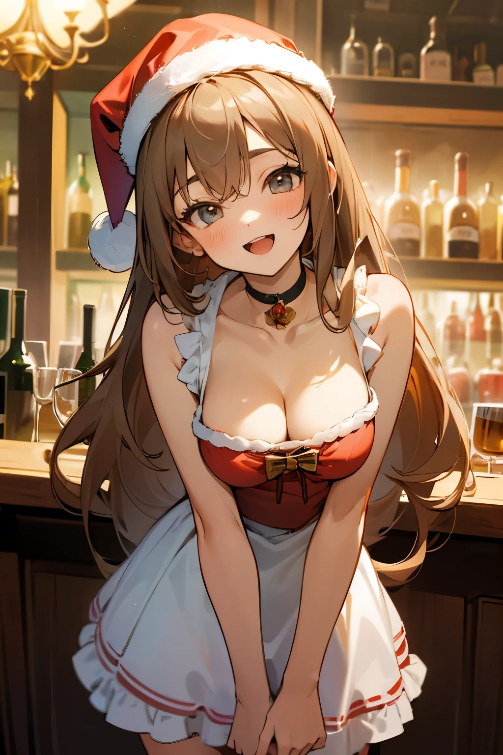 ((masterpiece)), (best quality), highres, cute teenage girl, (Santa girl), silky long hair, choker, bare shoulder, cleavage, thin dress, frilled dress, bow, sleeveless, cowboy shot, against the bar, indoor, (bar), smile, open mouth, holding hand, beautiful food, (old wine)