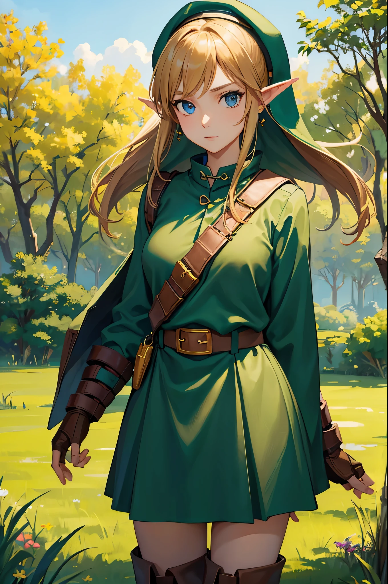 (masterpiece), best quality, expressive eyes, perfect face, highres, (female body:1.3),1 girl, solo, ootLink girl, hat, green tunic, belt, fingerless gloves, boots, field, grass, trees, landscape, depth of field, standing, cowboy shot, looking at the viewer