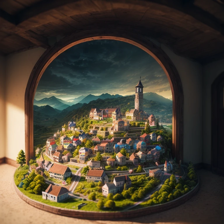 (Tilt-Shift:1.4), Villagers Village (extremely colorful, Best quality, high detailed, Masterpiece, Cinematic Lighting, 4K, Chiaroscuro)