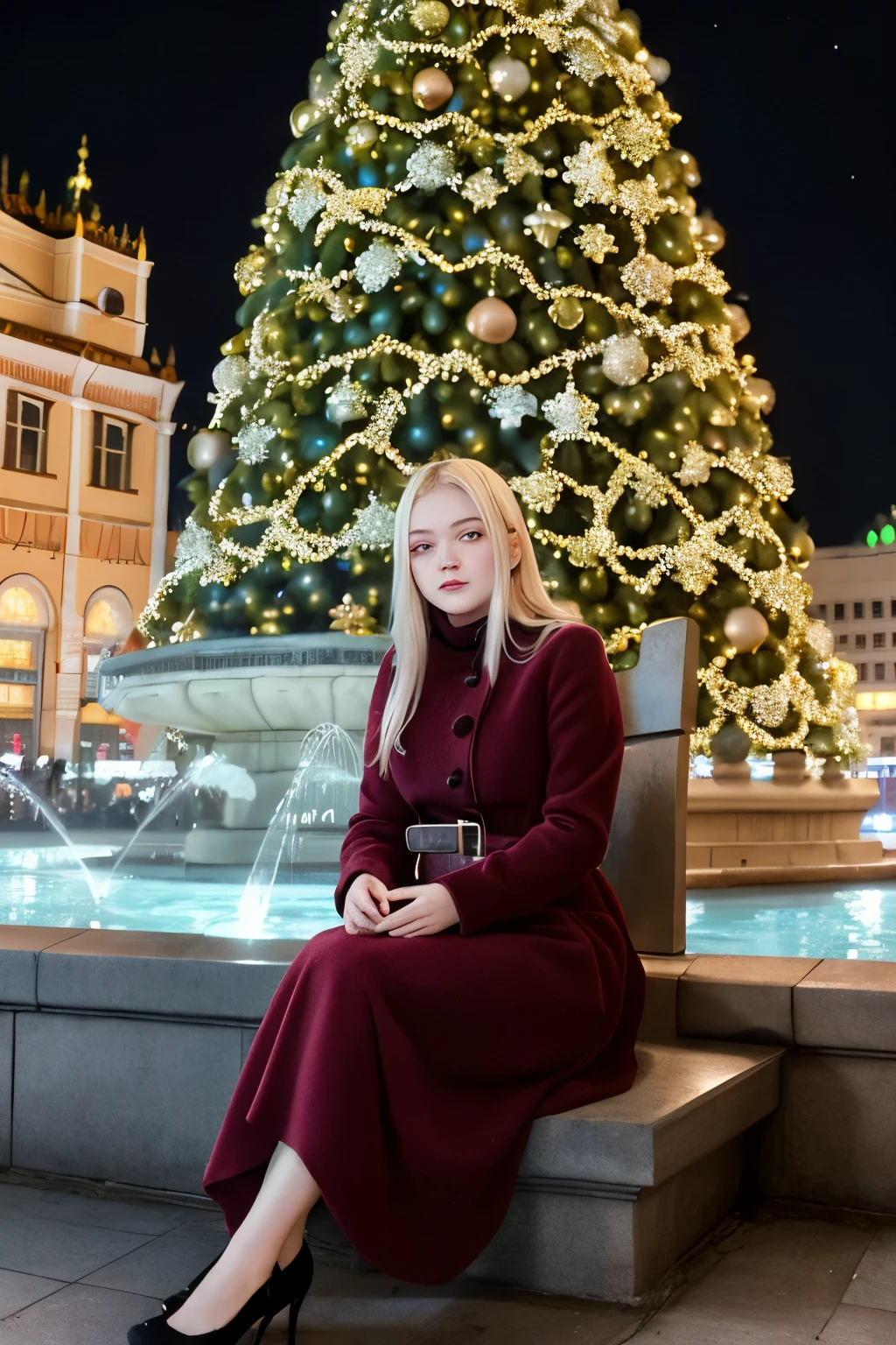 woman sitting on a bench in front of a fountain with a christmas tree in the background, in moscow centre, style of julia razumova, dasha taran, cold as ! 🧊, anna nikonova aka newmilky, anastasia ovchinnikova, elle fanning at night, yelena belova, julia gorokhova, sitting on throne