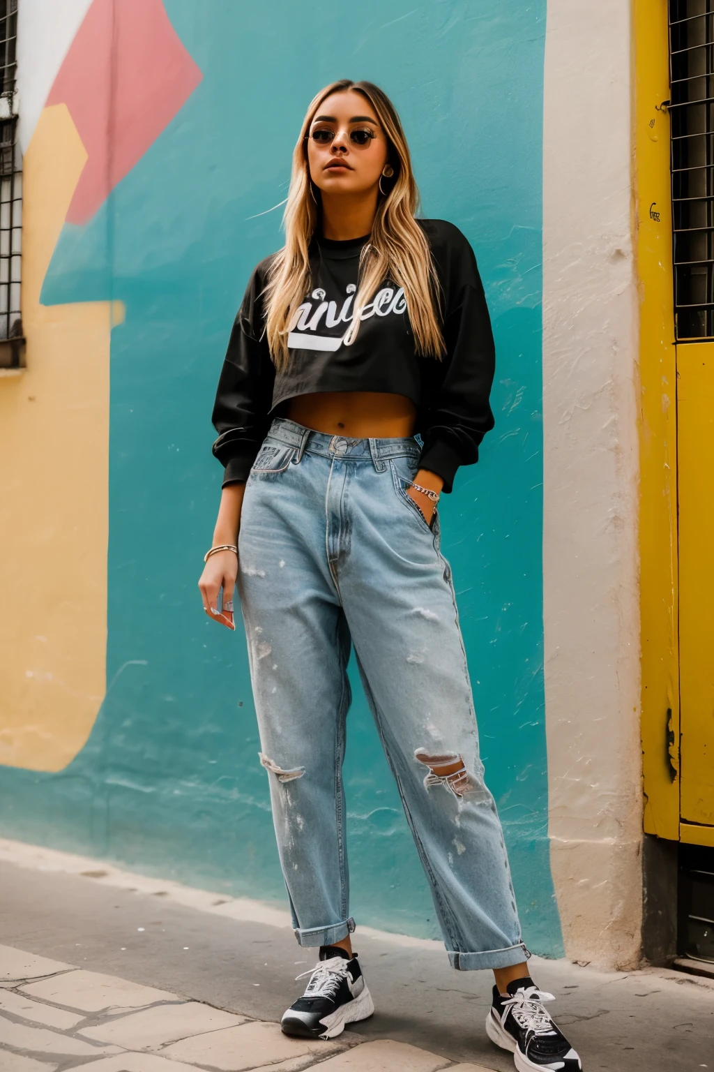 ((La mejor calidad)), ((Obra maestra)), (Detallado), Cara perfecta, 23-year-old female influencer with an urban oudfit, fondo en las calles, grafiti callejero, Foto RAW